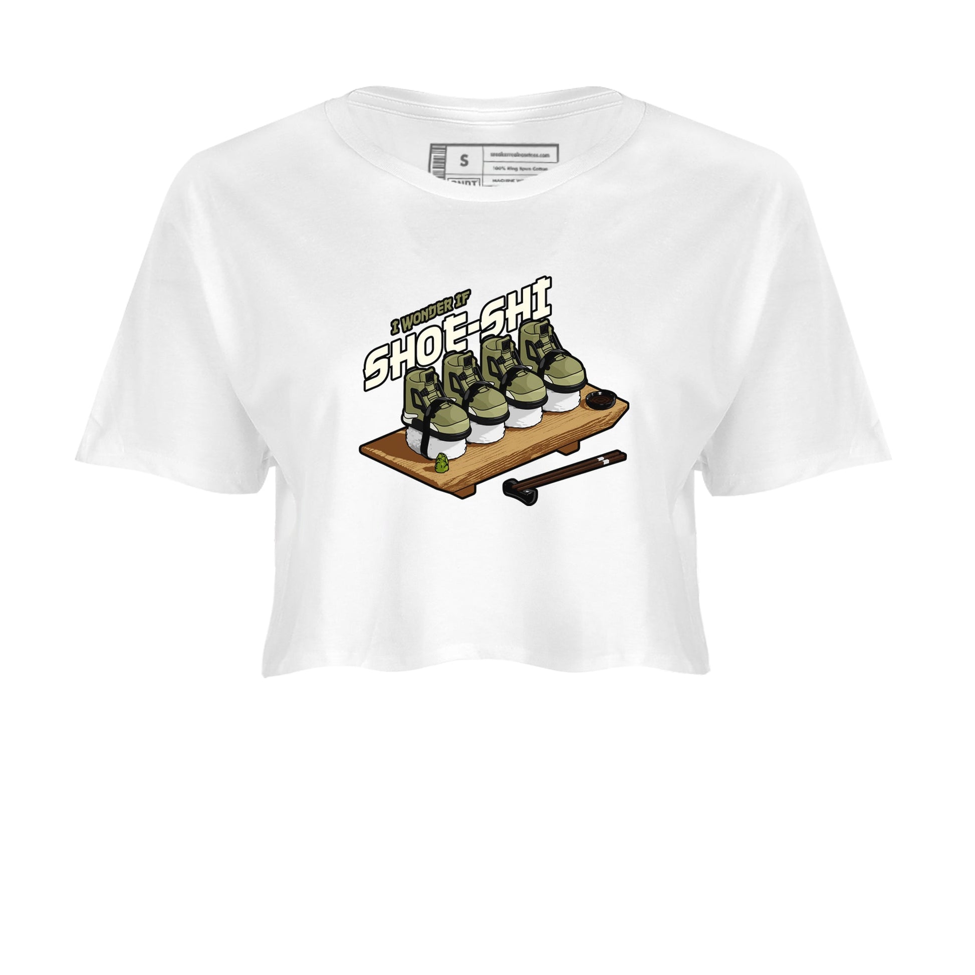 Air Jordan 4 Medium Olive shirt to match jordans Shoe-Shi sneaker tees AJ4 Medium Olive SNRT Sneaker Release Tees White 2 Crop T-Shirt