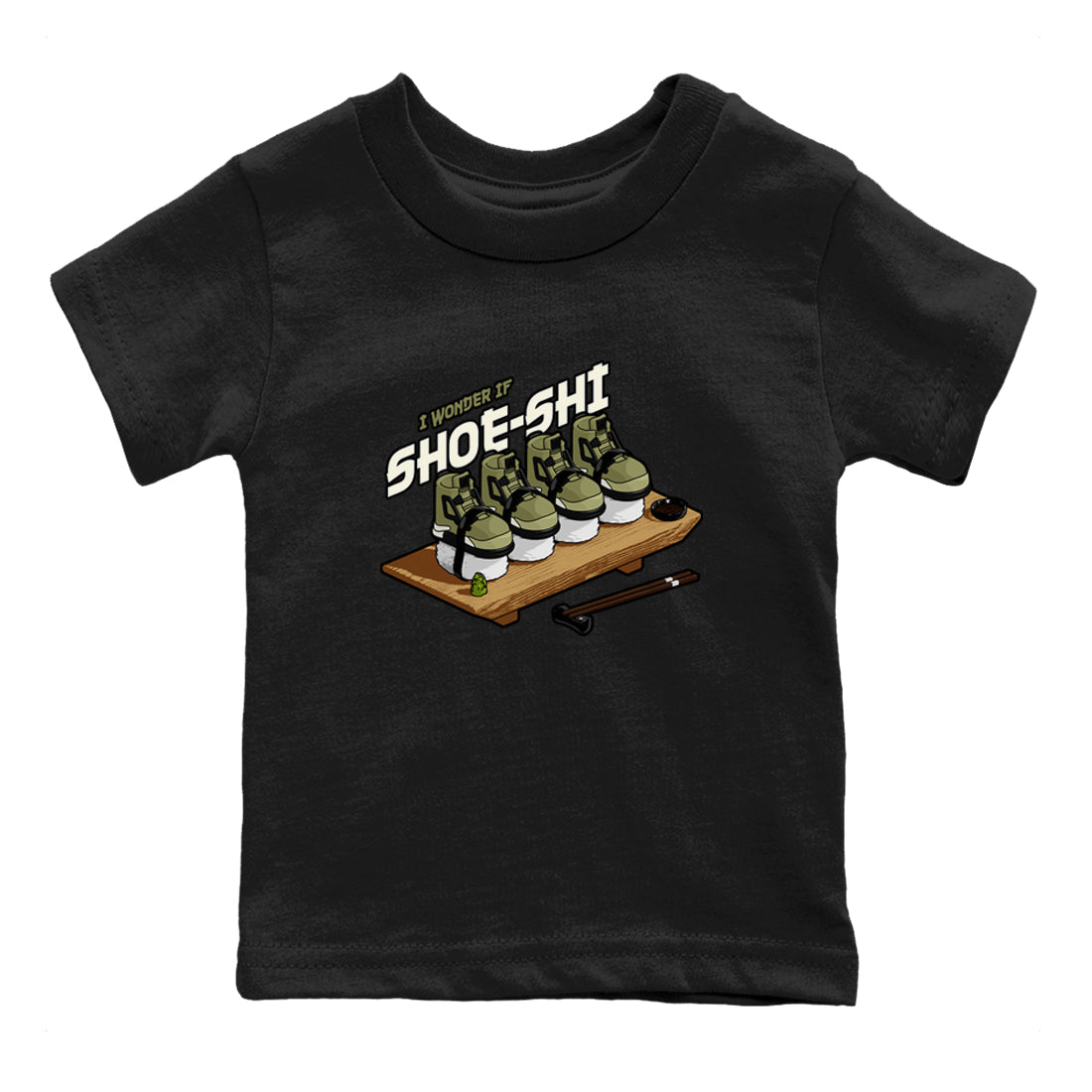 Air Jordan 4 Medium Olive shirt to match jordans Shoe-Shi sneaker tees AJ4 Medium Olive SNRT Sneaker Release Tees Baby Toddler Black 2 T-Shirt
