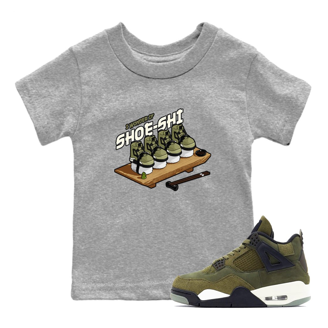 Air Jordan 4 Medium Olive shirt to match jordans Shoe-Shi sneaker tees AJ4 Medium Olive SNRT Sneaker Release Tees Baby Toddler Heather Grey 1 T-Shirt