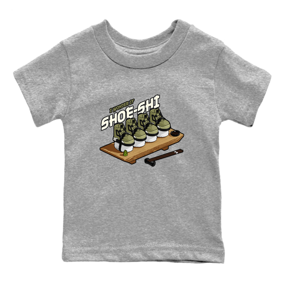 Air Jordan 4 Medium Olive shirt to match jordans Shoe-Shi sneaker tees AJ4 Medium Olive SNRT Sneaker Release Tees Baby Toddler Heather Grey 2 T-Shirt