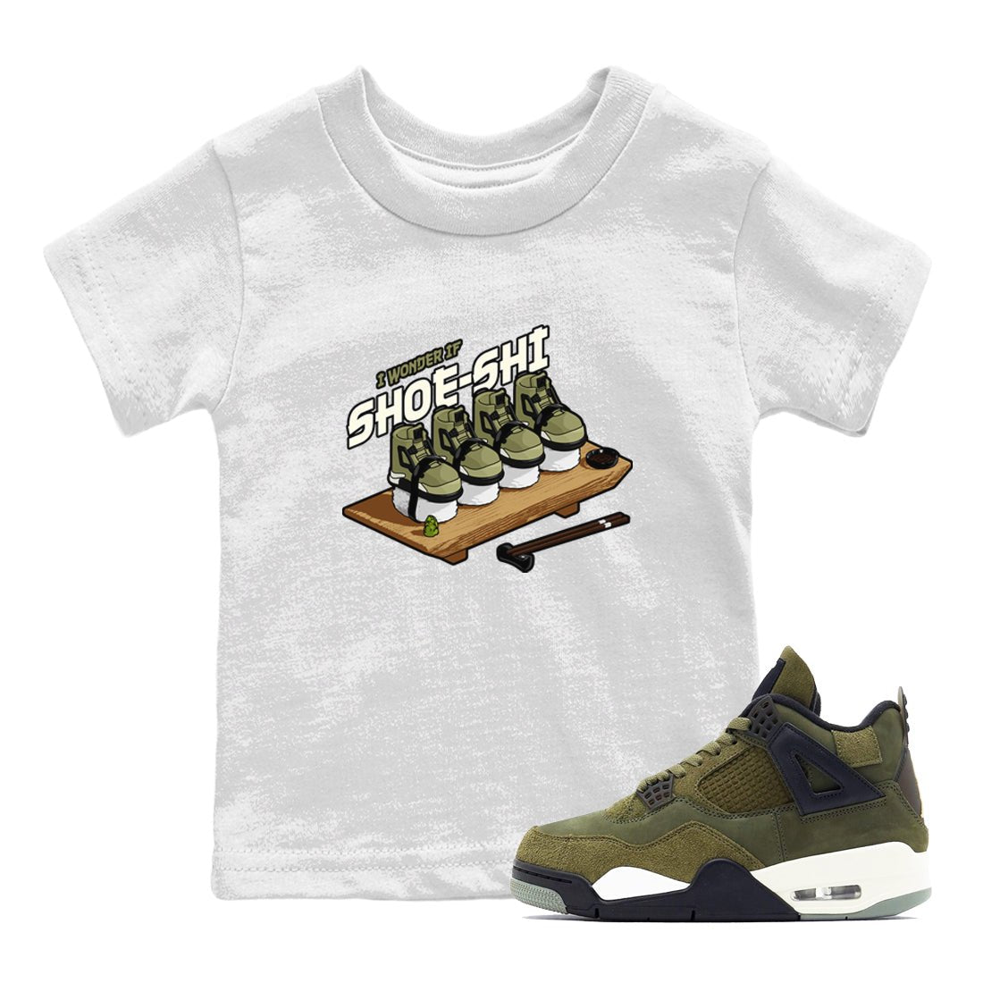 Air Jordan 4 Medium Olive shirt to match jordans Shoe-Shi sneaker tees AJ4 Medium Olive SNRT Sneaker Release Tees Baby Toddler White 1 T-Shirt