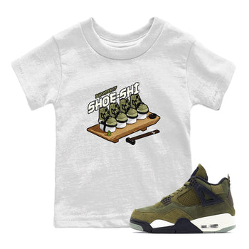 Air Jordan 4 Medium Olive shirt to match jordans Shoe-Shi sneaker tees AJ4 Medium Olive SNRT Sneaker Release Tees Baby Toddler White 1 T-Shirt