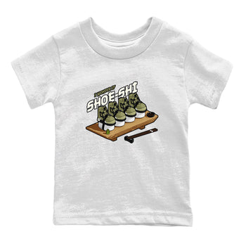 Air Jordan 4 Medium Olive shirt to match jordans Shoe-Shi sneaker tees AJ4 Medium Olive SNRT Sneaker Release Tees Baby Toddler White 2 T-Shirt