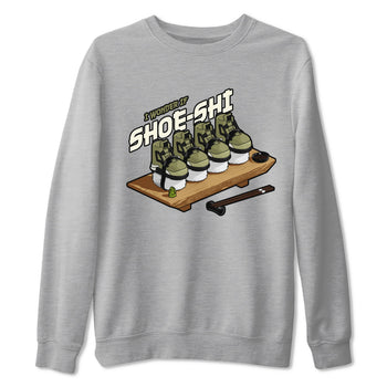 Air Jordan 4 Medium Olive shirt to match jordans Shoe-Shi sneaker tees AJ4 Medium Olive SNRT Sneaker Release Tees Unisex Heather Grey 2 T-Shirt
