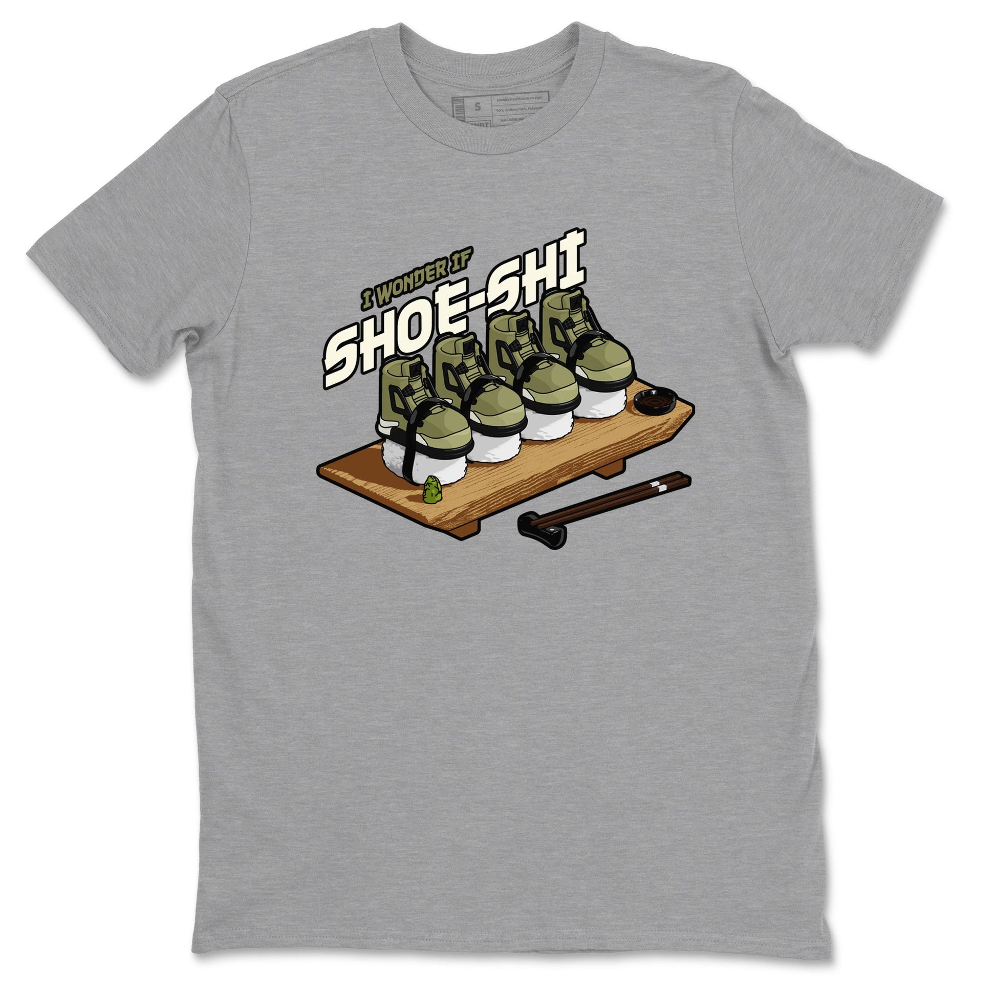 Air Jordan 4 Medium Olive shirt to match jordans Shoe-Shi sneaker tees AJ4 Medium Olive SNRT Sneaker Release Tees Unisex Heather Grey 2 T-Shirt