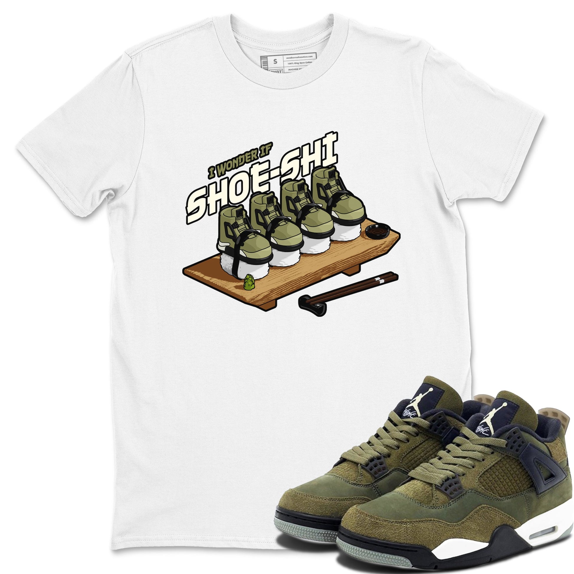 Air Jordan 4 Medium Olive shirt to match jordans Shoe-Shi sneaker tees AJ4 Medium Olive SNRT Sneaker Release Tees Unisex White 1 T-Shirt