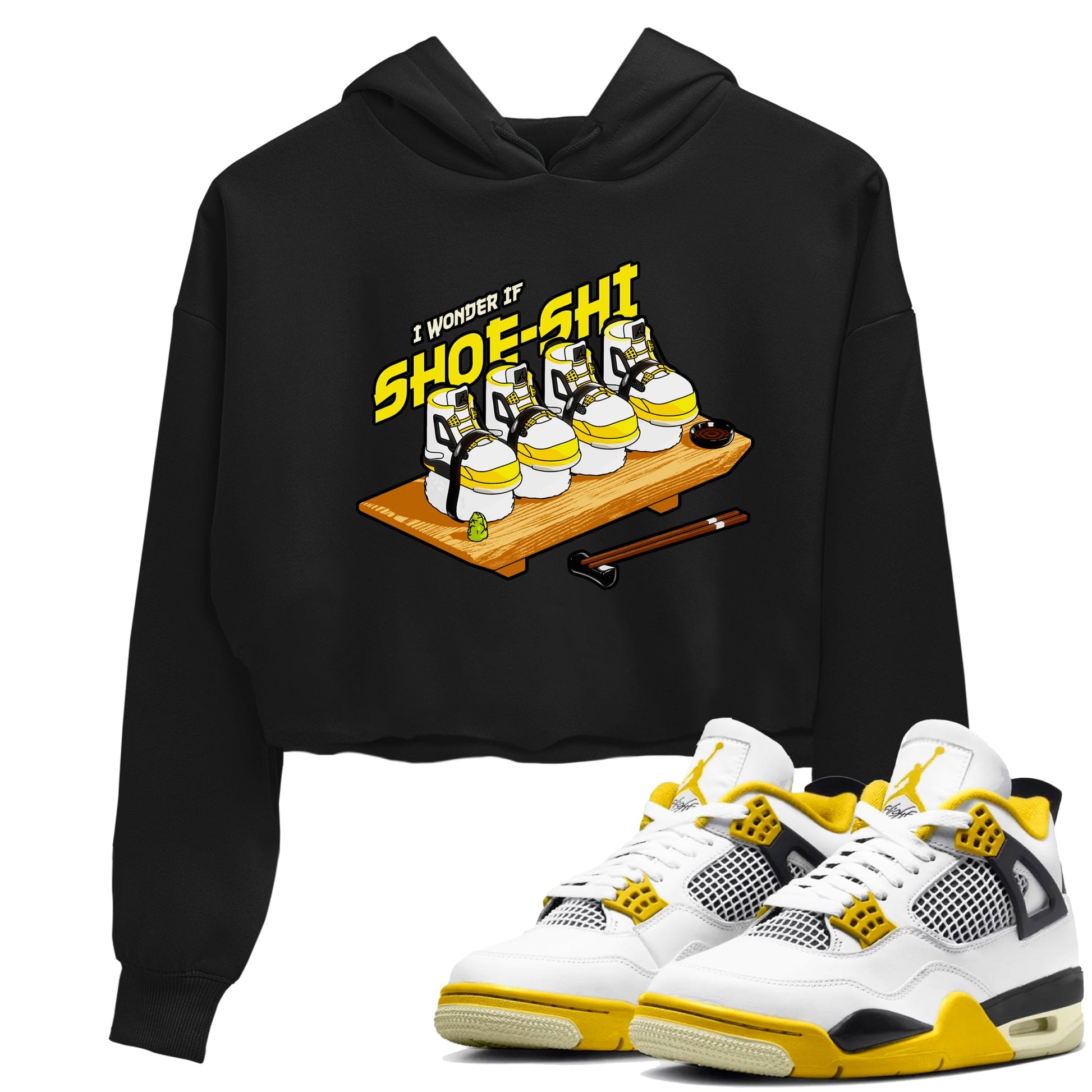 AJ4 Vivid Sulfur shirt to match jordans Shoe-Shi sneaker tees Air Jordan 4 Vivid Sulfur SNRT Sneaker Release Tees Black 1 crop length shirt