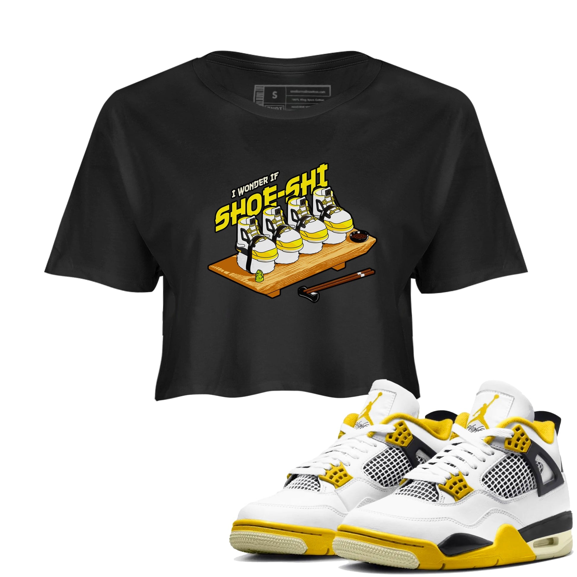 AJ4 Vivid Sulfur shirt to match jordans Shoe-Shi sneaker tees Air Jordan 4 Vivid Sulfur SNRT Sneaker Release Tees Black 1 crop length shirt