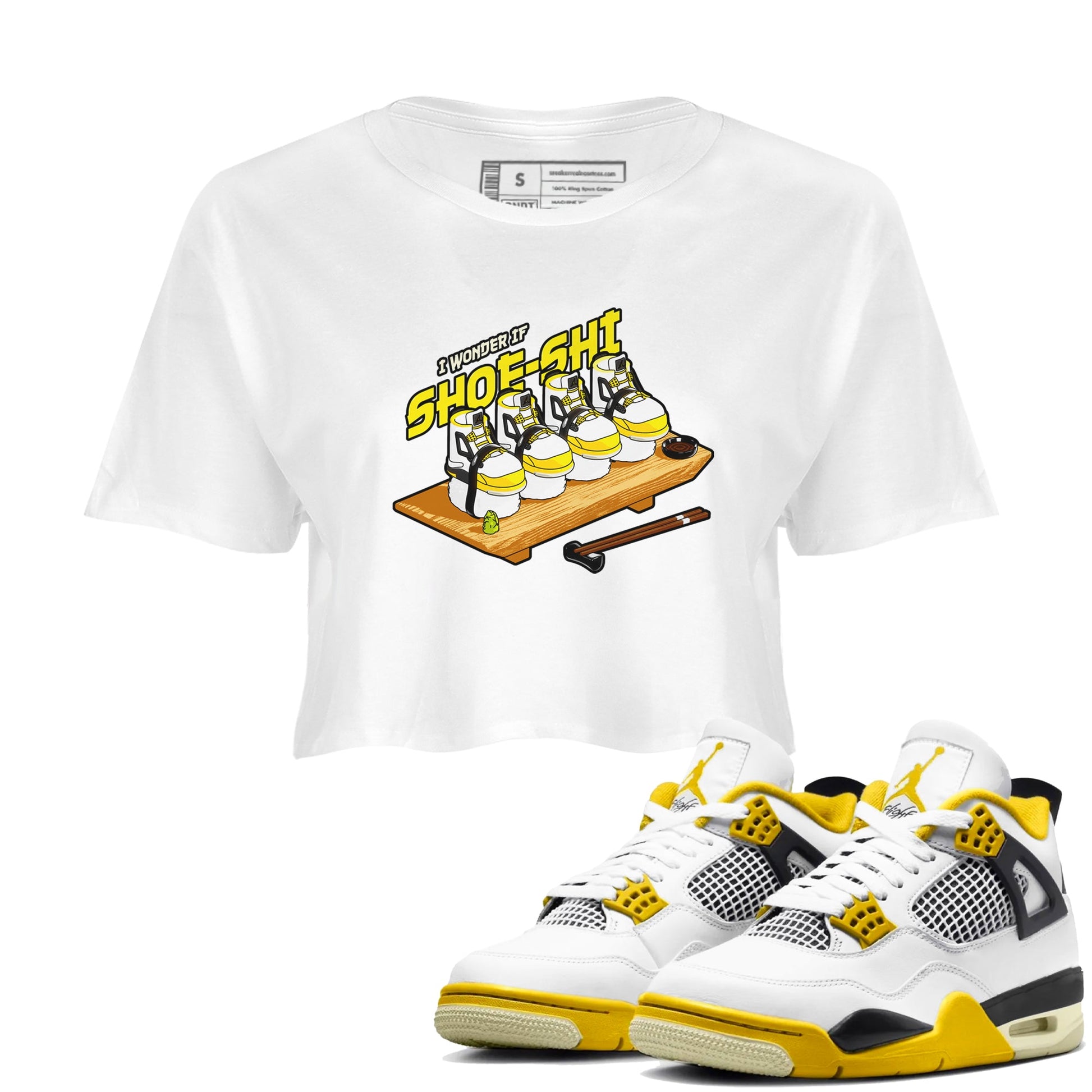 AJ4 Vivid Sulfur shirt to match jordans Shoe-Shi sneaker tees Air Jordan 4 Vivid Sulfur SNRT Sneaker Release Tees White 1 crop length shirt