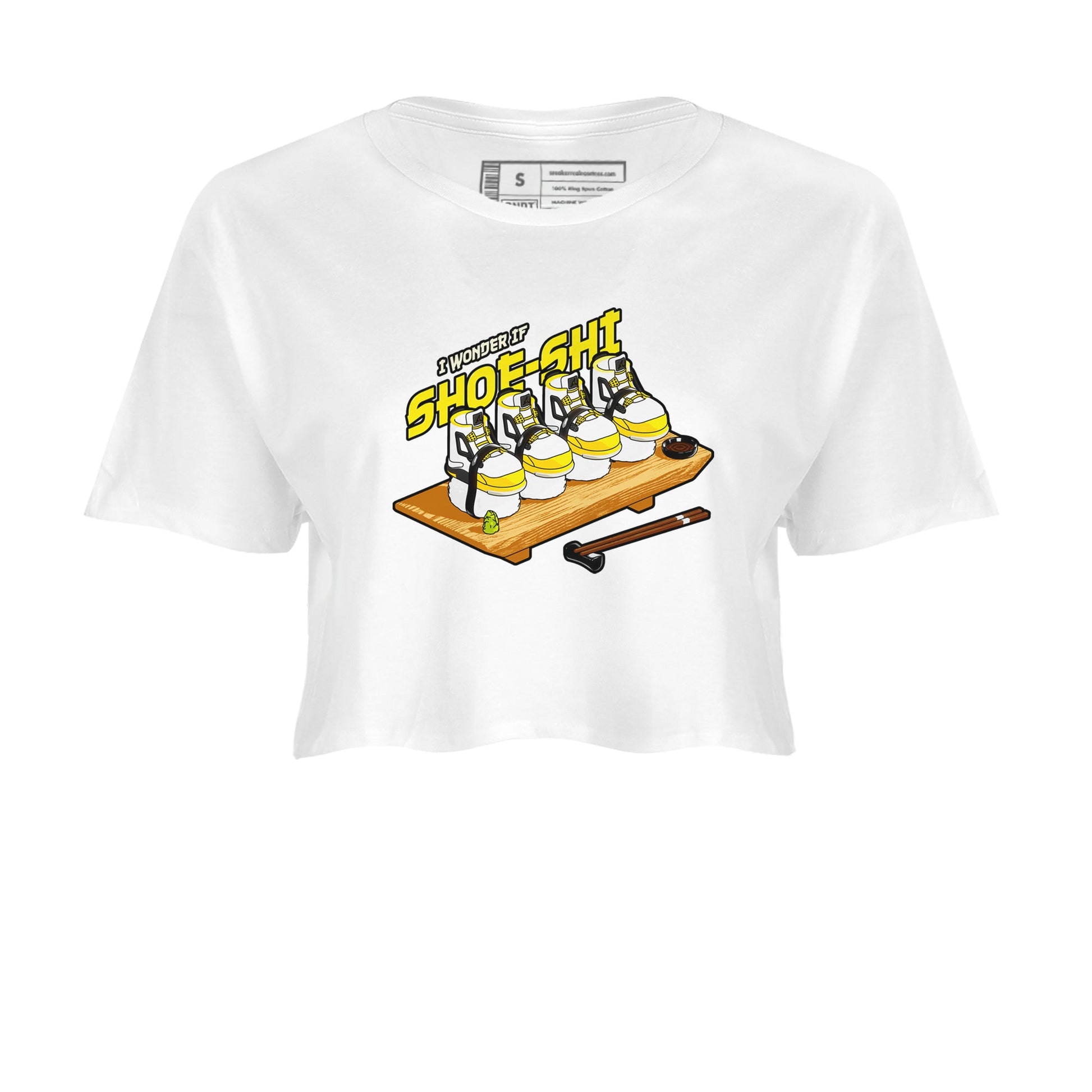 AJ4 Vivid Sulfur shirt to match jordans Shoe-Shi sneaker tees Air Jordan 4 Vivid Sulfur SNRT Sneaker Release Tees White 2 crop length shirt