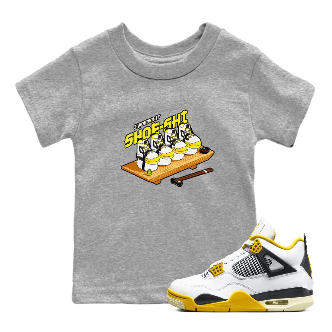 AJ4 Vivid Sulfur shirt to match jordans Shoe-Shi sneaker tees Air Jordan 4 Vivid Sulfur SNRT sneaker release tees baby toddler Heather Grey 1 cotton Shirt