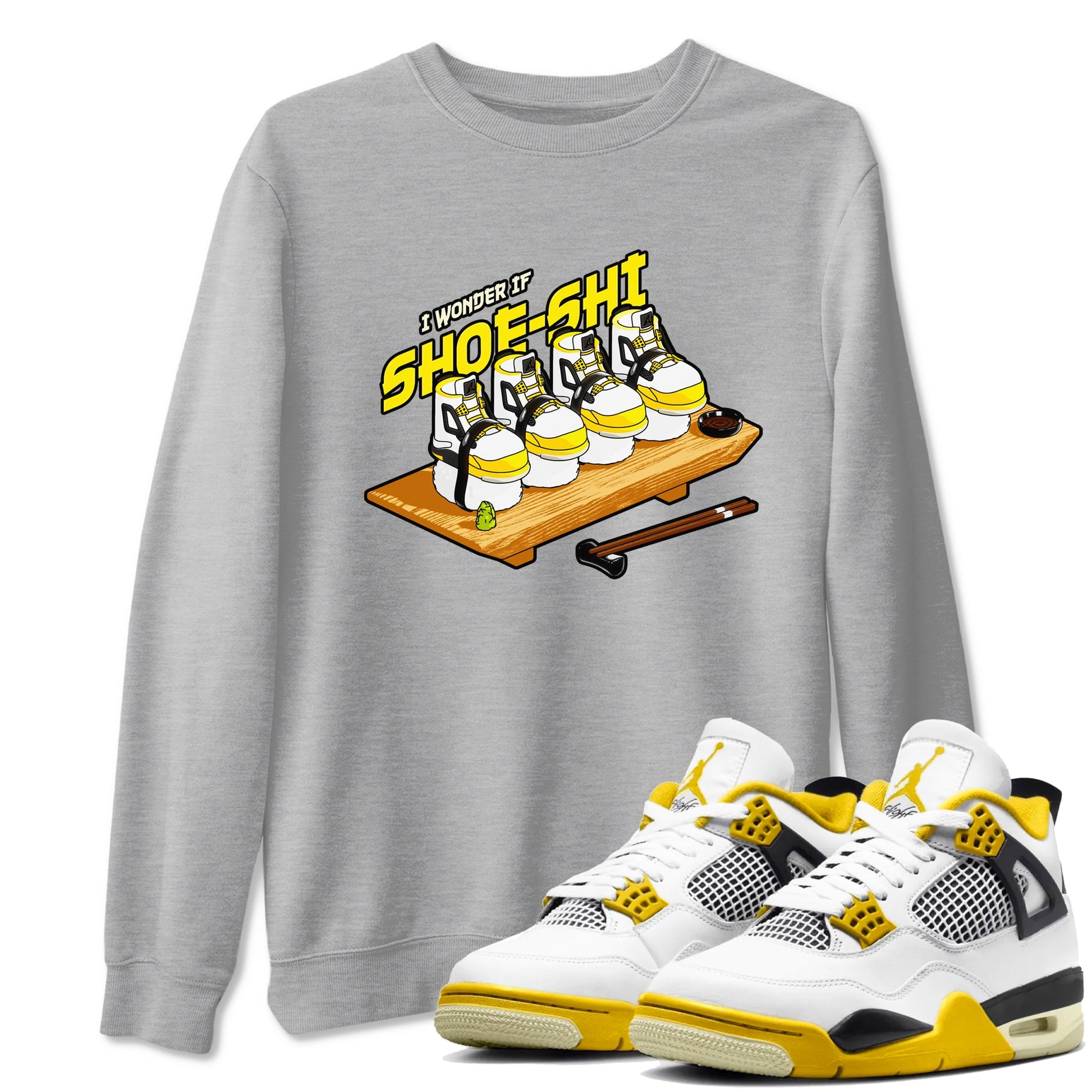 AJ4 Vivid Sulfur shirt to match jordans Shoe-Shi sneaker tees Air Jordan 4 Vivid Sulfur SNRT Sneaker Release Tees unisex cotton Heather Grey 1 crew neck shirt