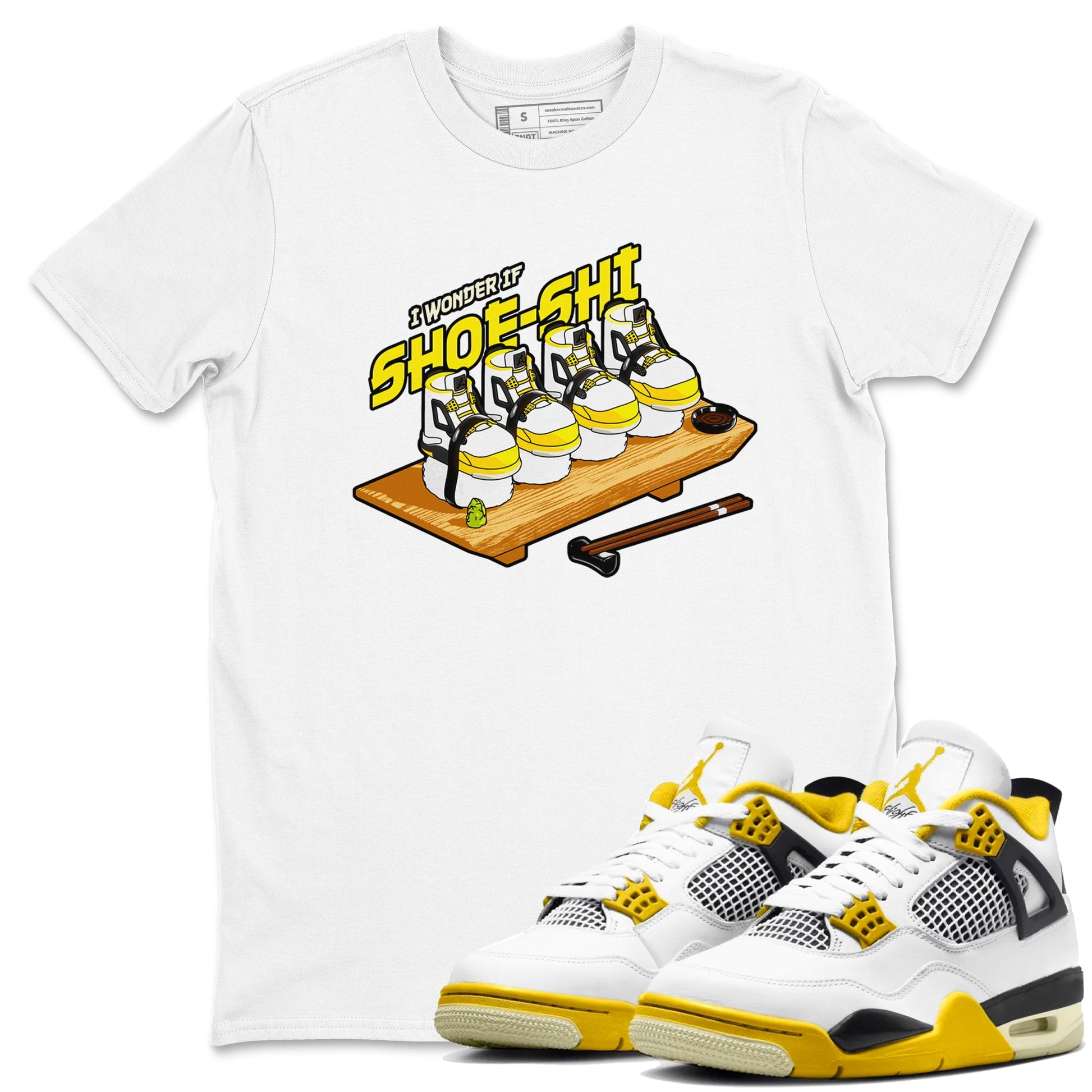 AJ4 Vivid Sulfur shirt to match jordans Shoe-Shi sneaker tees Air Jordan 4 Vivid Sulfur SNRT Sneaker Release Tees unisex cotton White 1 crew neck shirt