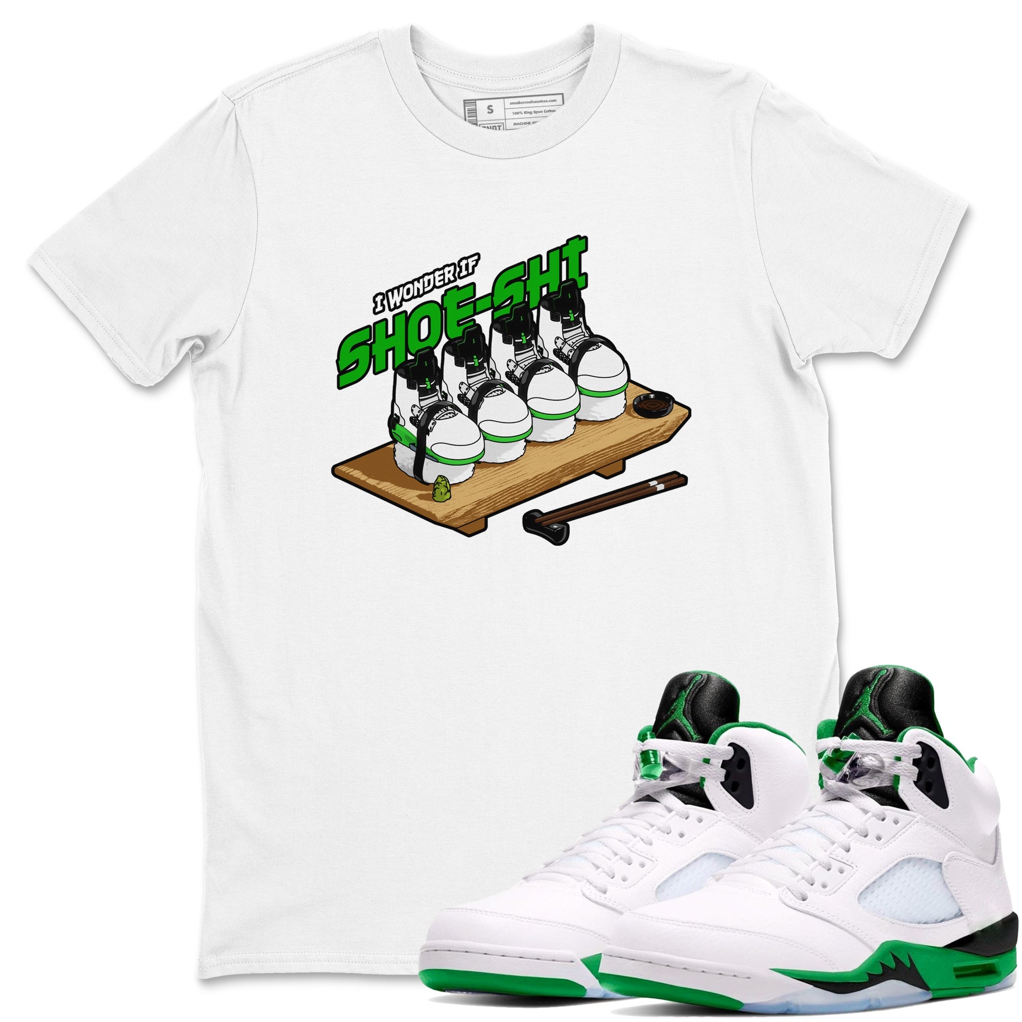 5s Lucky Green shirt to match jordans Shoe-Shi sneaker tees Air Jordan 5 Lucky Green SNRT Sneaker Release Tees Unisex White 1 T-Shirt