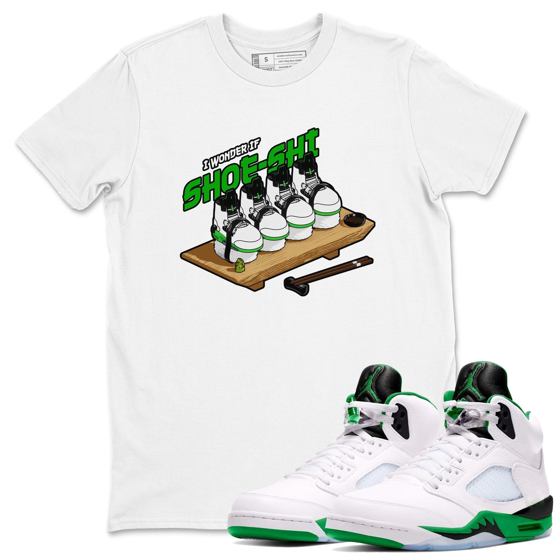 5s Lucky Green shirt to match jordans Shoe-Shi sneaker tees Air Jordan 5 Lucky Green SNRT Sneaker Release Tees Unisex White 1 T-Shirt