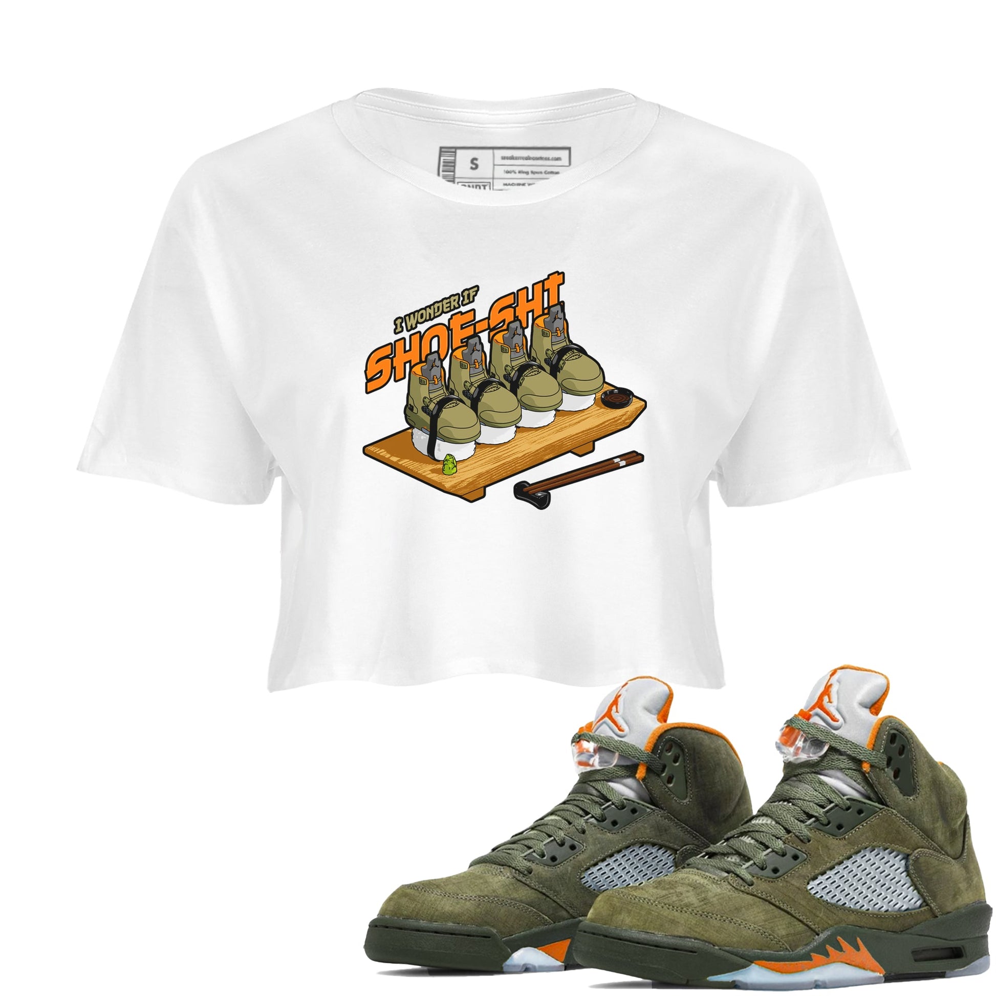 5s Olive shirt to match jordans Shoe-Shi sneaker tees Air Jordan 5 Olive SNRT Sneaker Release Tees White 1 crop length shirt