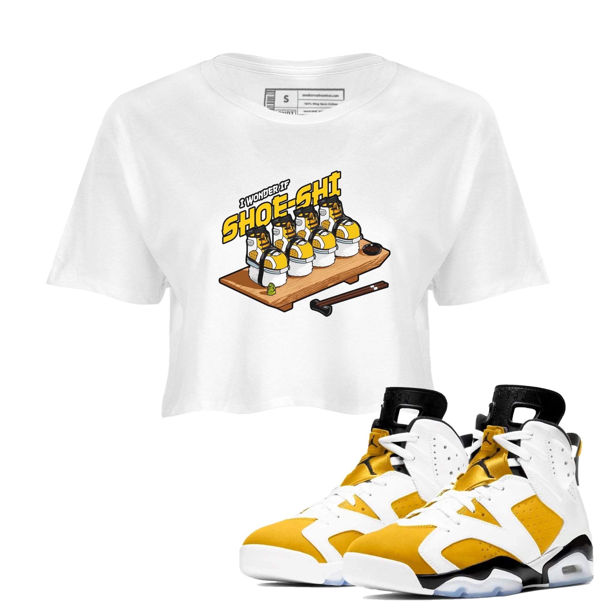 Air Jordan 6 Yellow Ochre shirt to match jordans Shoe-Shi sneaker tees AJ6 Yellow Ochre SNRT Sneaker Release Tees White 1 Crop T-Shirt