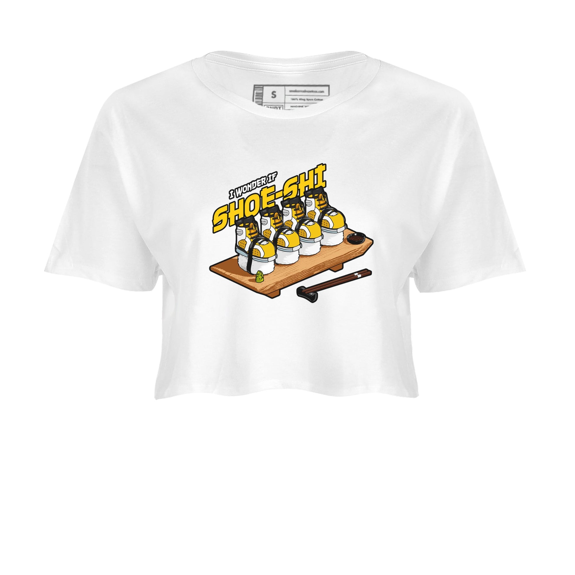 Air Jordan 6 Yellow Ochre shirt to match jordans Shoe-Shi sneaker tees AJ6 Yellow Ochre SNRT Sneaker Release Tees White 2 Crop T-Shirt