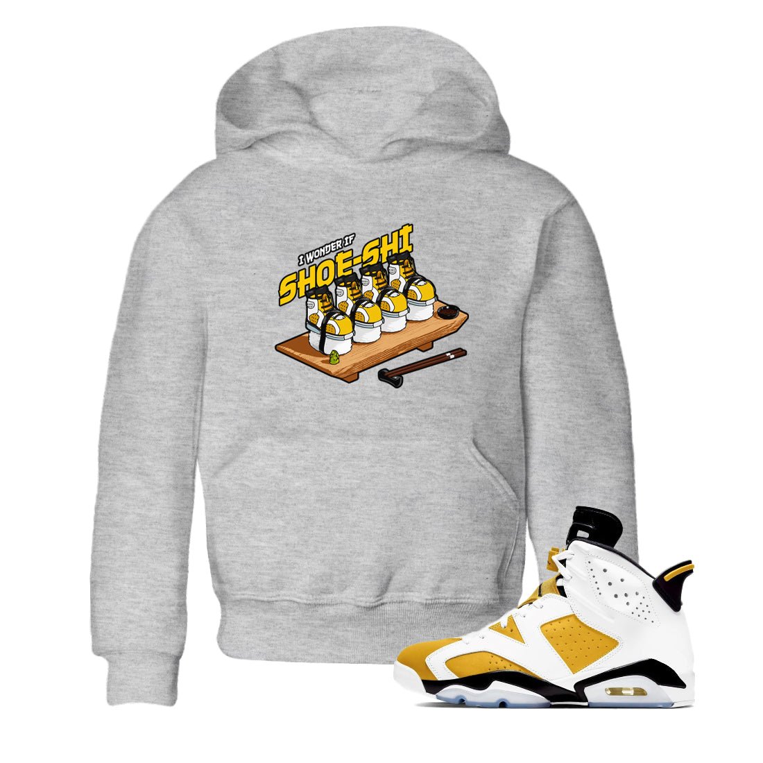 Air Jordan 6 Yellow Ochre shirt to match jordans Shoe-Shi sneaker tees AJ6 Yellow Ochre SNRT Sneaker Release Tees Baby Toddler Heather Grey 1 T-Shirt
