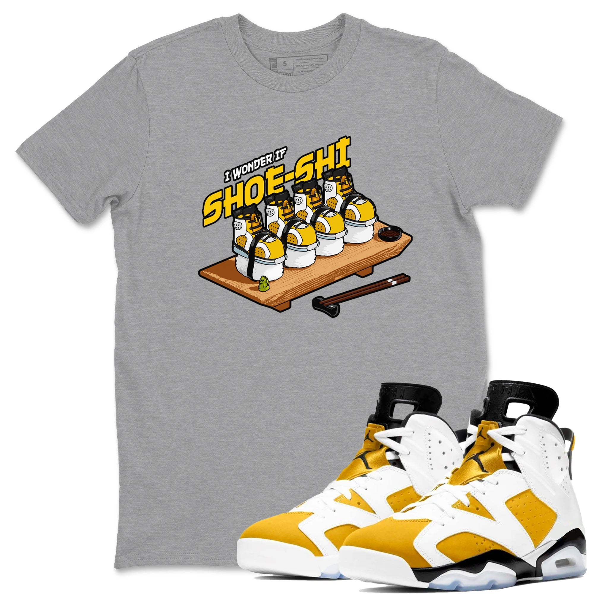 Air Jordan 6 Yellow Ochre shirt to match jordans Shoe-Shi sneaker tees AJ6 Yellow Ochre SNRT Sneaker Release Tees Unisex Heather Grey 1 T-Shirt