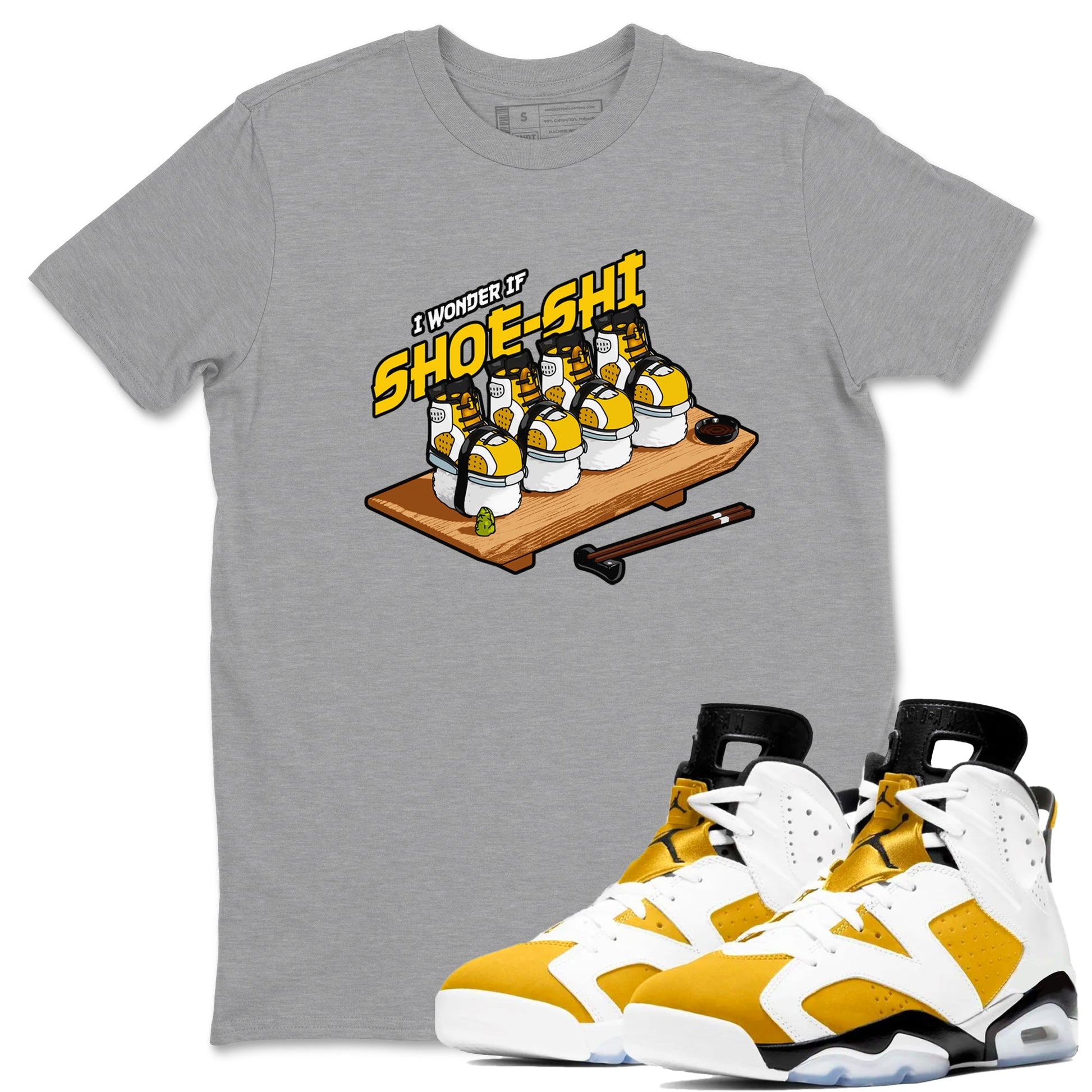 Air Jordan 6 Yellow Ochre shirt to match jordans Shoe-Shi sneaker tees AJ6 Yellow Ochre SNRT Sneaker Release Tees Unisex Heather Grey 1 T-Shirt