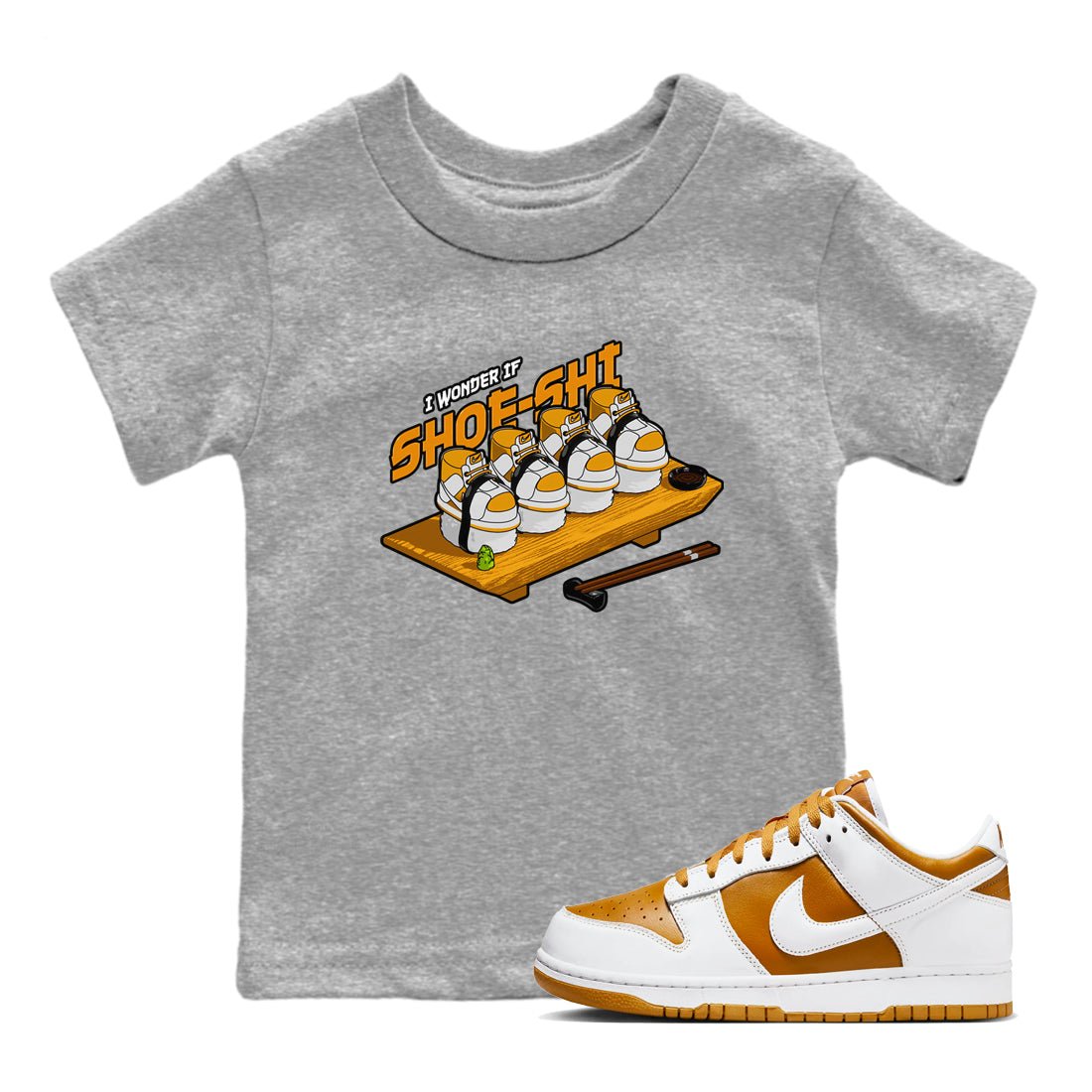 Dunk Dark Curry shirt to match jordans Shoe-Shi sneaker tees AJ1 Low Dark Curry SNRT sneaker release tees baby toddler Heather Grey 1 cotton Shirt