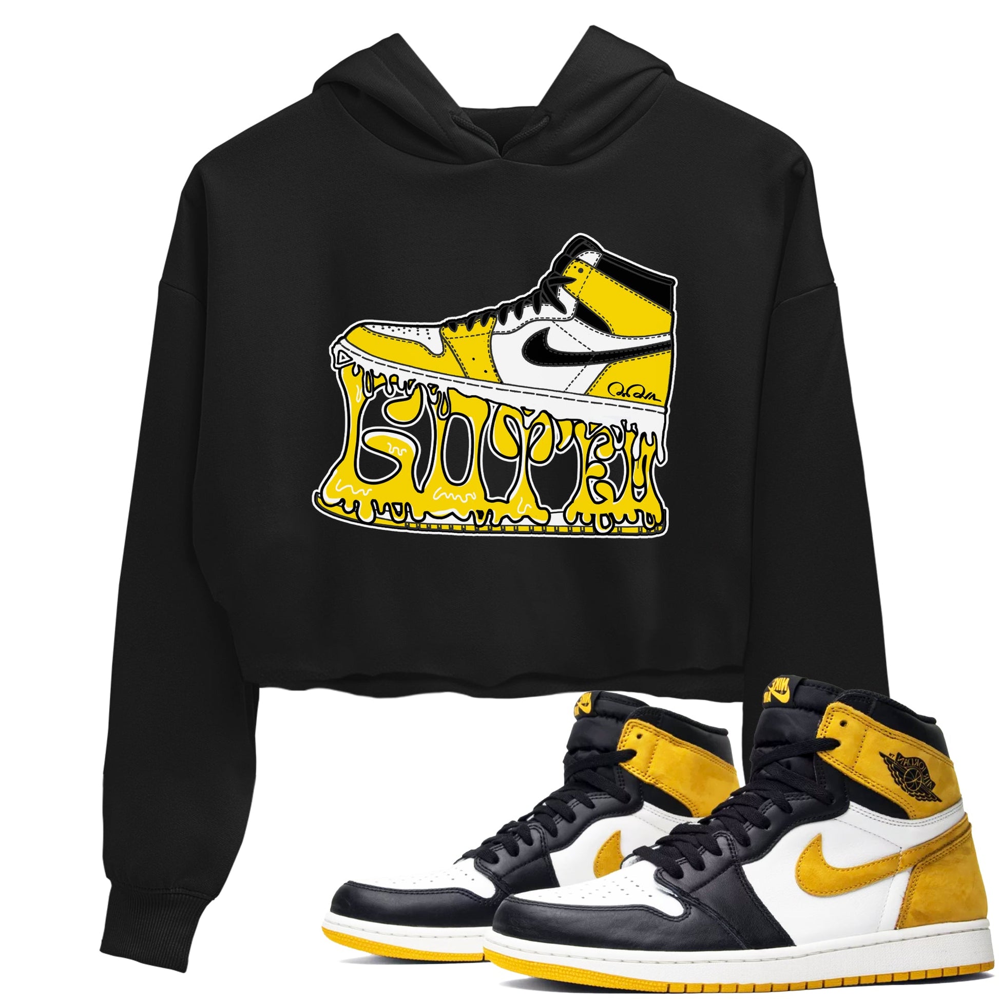 1s Yellow Ochre shirt to match jordans Shoe Stuck sneaker tees Air Jordan 1 Yellow Ochre SNRT Sneaker Release Tees Black 1 crop length shirt