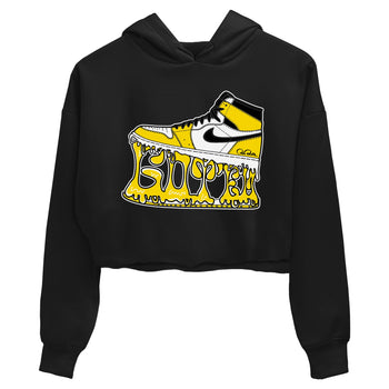 1s Yellow Ochre shirt to match jordans Shoe Stuck sneaker tees Air Jordan 1 Yellow Ochre SNRT Sneaker Release Tees Black 2 crop length shirt