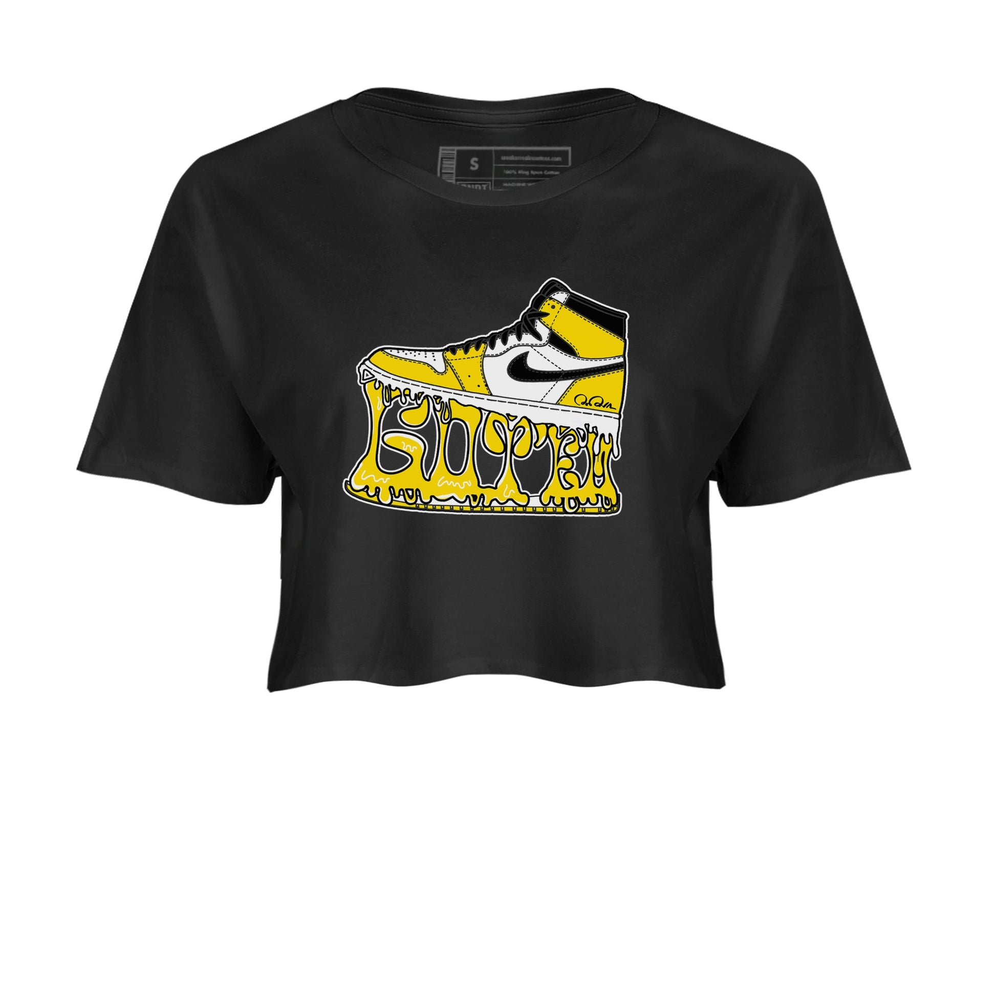 1s Yellow Ochre shirt to match jordans Shoe Stuck sneaker tees Air Jordan 1 Yellow Ochre SNRT Sneaker Release Tees Black 2 crop length shirt