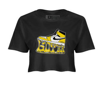 1s Yellow Ochre shirt to match jordans Shoe Stuck sneaker tees Air Jordan 1 Yellow Ochre SNRT Sneaker Release Tees Black 2 crop length shirt