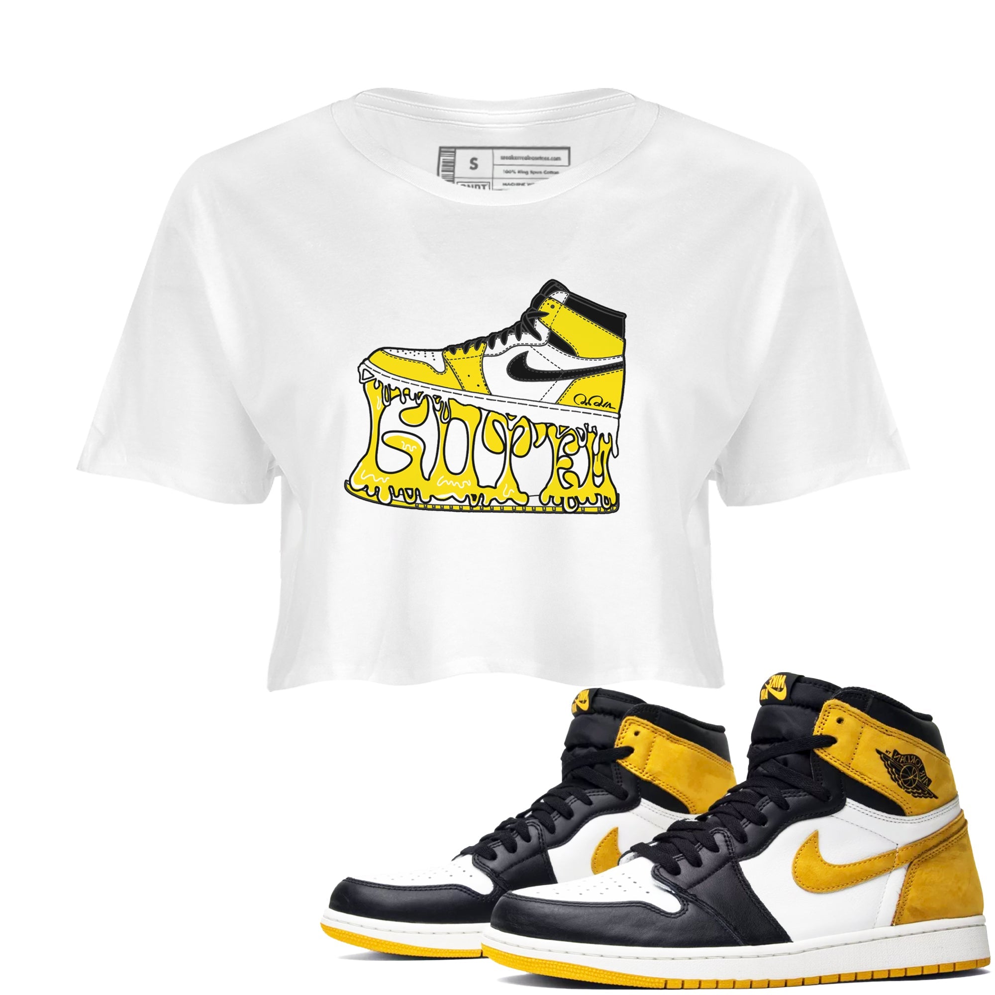 1s Yellow Ochre shirt to match jordans Shoe Stuck sneaker tees Air Jordan 1 Yellow Ochre SNRT Sneaker Release Tees White 1 crop length shirt