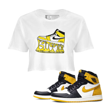 1s Yellow Ochre shirt to match jordans Shoe Stuck sneaker tees Air Jordan 1 Yellow Ochre SNRT Sneaker Release Tees White 1 crop length shirt