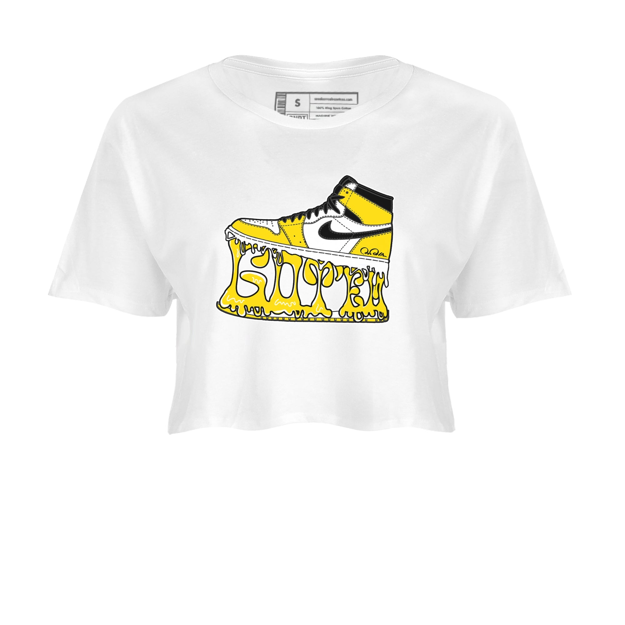 1s Yellow Ochre shirt to match jordans Shoe Stuck sneaker tees Air Jordan 1 Yellow Ochre SNRT Sneaker Release Tees White 2 crop length shirt