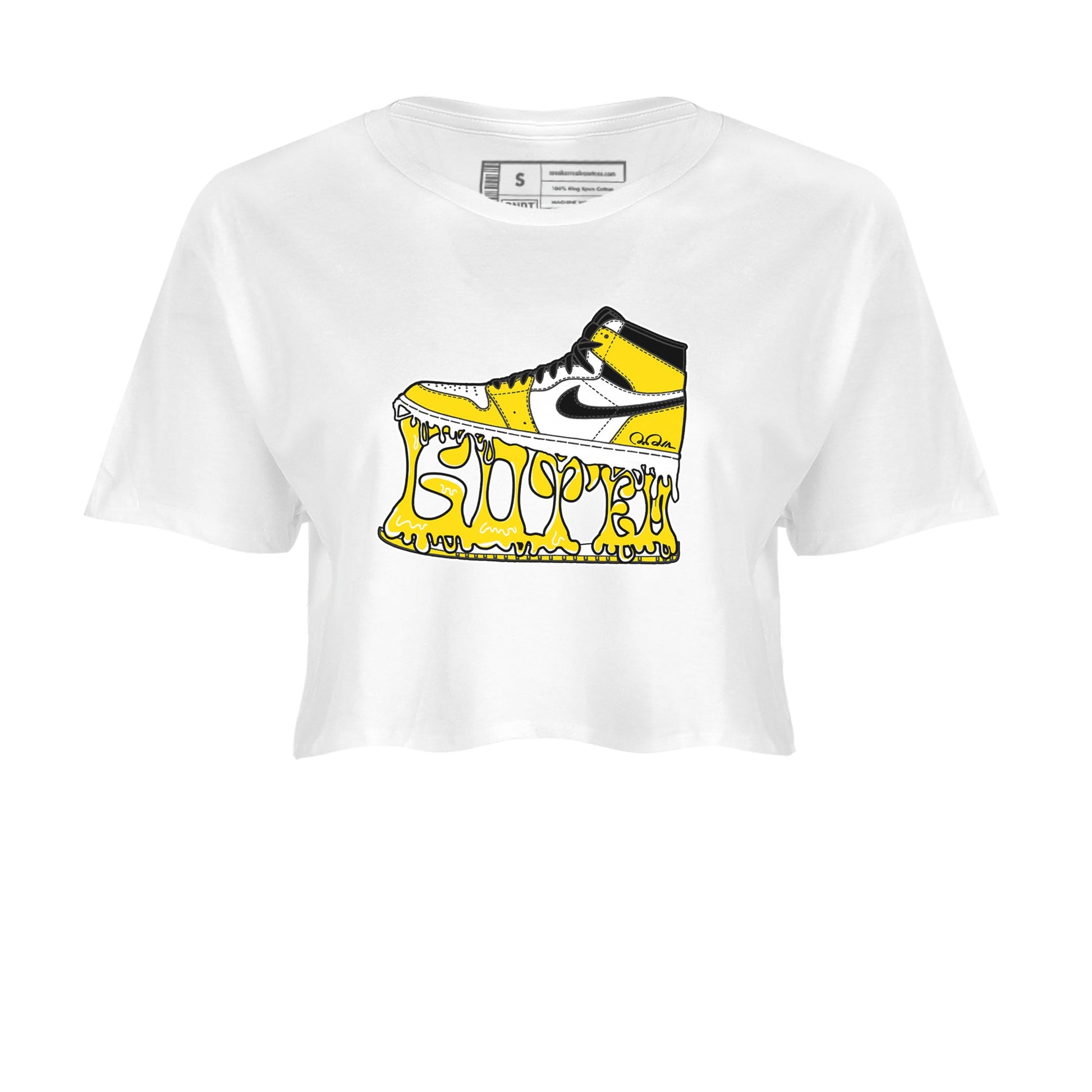 1s Yellow Ochre shirt to match jordans Shoe Stuck sneaker tees Air Jordan 1 Yellow Ochre SNRT Sneaker Release Tees White 2 crop length shirt