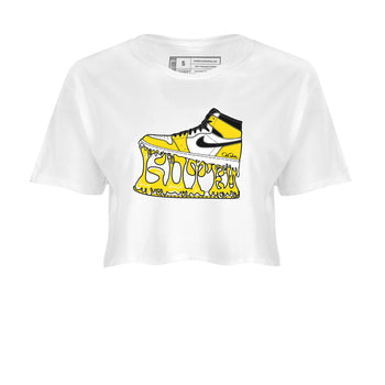 1s Yellow Ochre shirt to match jordans Shoe Stuck sneaker tees Air Jordan 1 Yellow Ochre SNRT Sneaker Release Tees White 2 crop length shirt