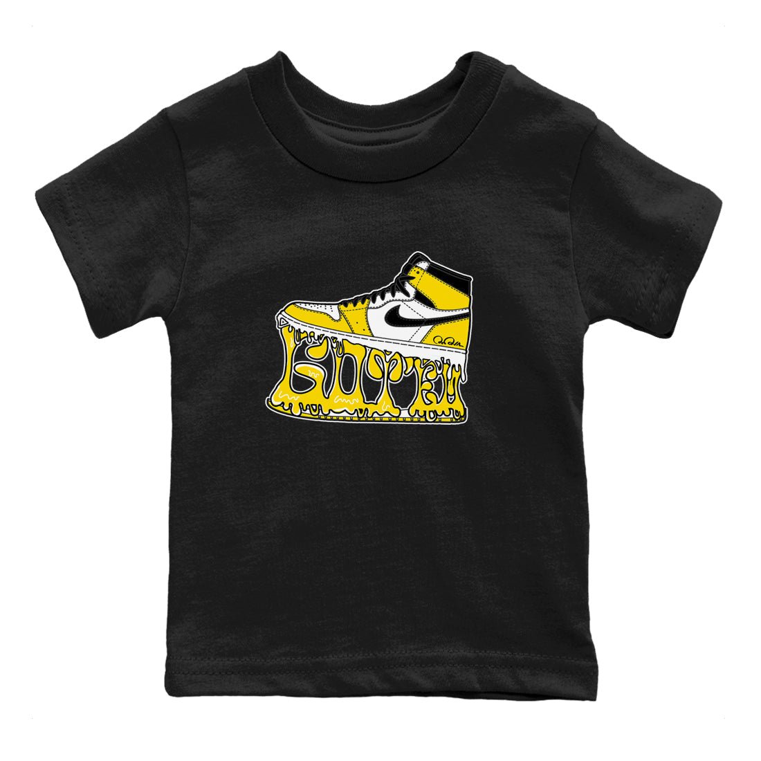 1s Yellow Ochre shirt to match jordans Shoe Stuck sneaker tees Air Jordan 1 Yellow Ochre SNRT sneaker release tees baby toddler Black 2 cotton Shirt