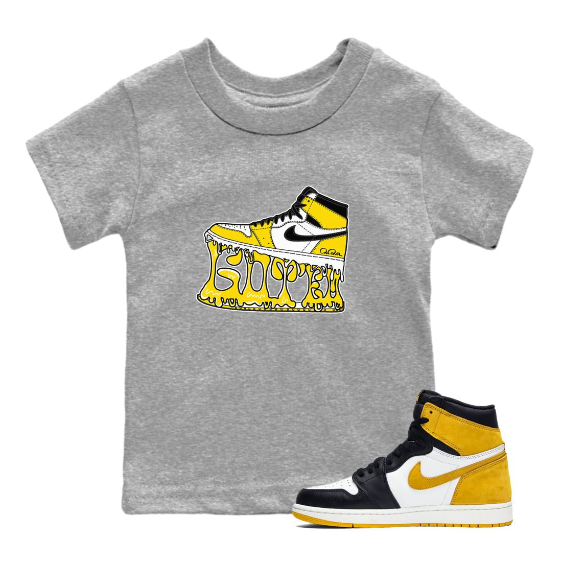 1s Yellow Ochre shirt to match jordans Shoe Stuck sneaker tees Air Jordan 1 Yellow Ochre SNRT sneaker release tees baby toddler Heather Grey 1 cotton Shirt