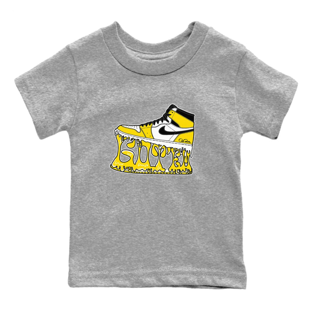 1s Yellow Ochre shirt to match jordans Shoe Stuck sneaker tees Air Jordan 1 Yellow Ochre SNRT sneaker release tees baby toddler Heather Grey 2 cotton Shirt