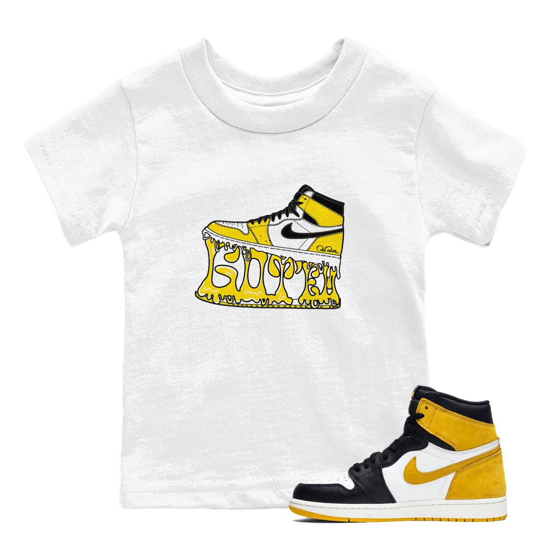 1s Yellow Ochre shirt to match jordans Shoe Stuck sneaker tees Air Jordan 1 Yellow Ochre SNRT sneaker release tees baby toddler White 1 cotton Shirt