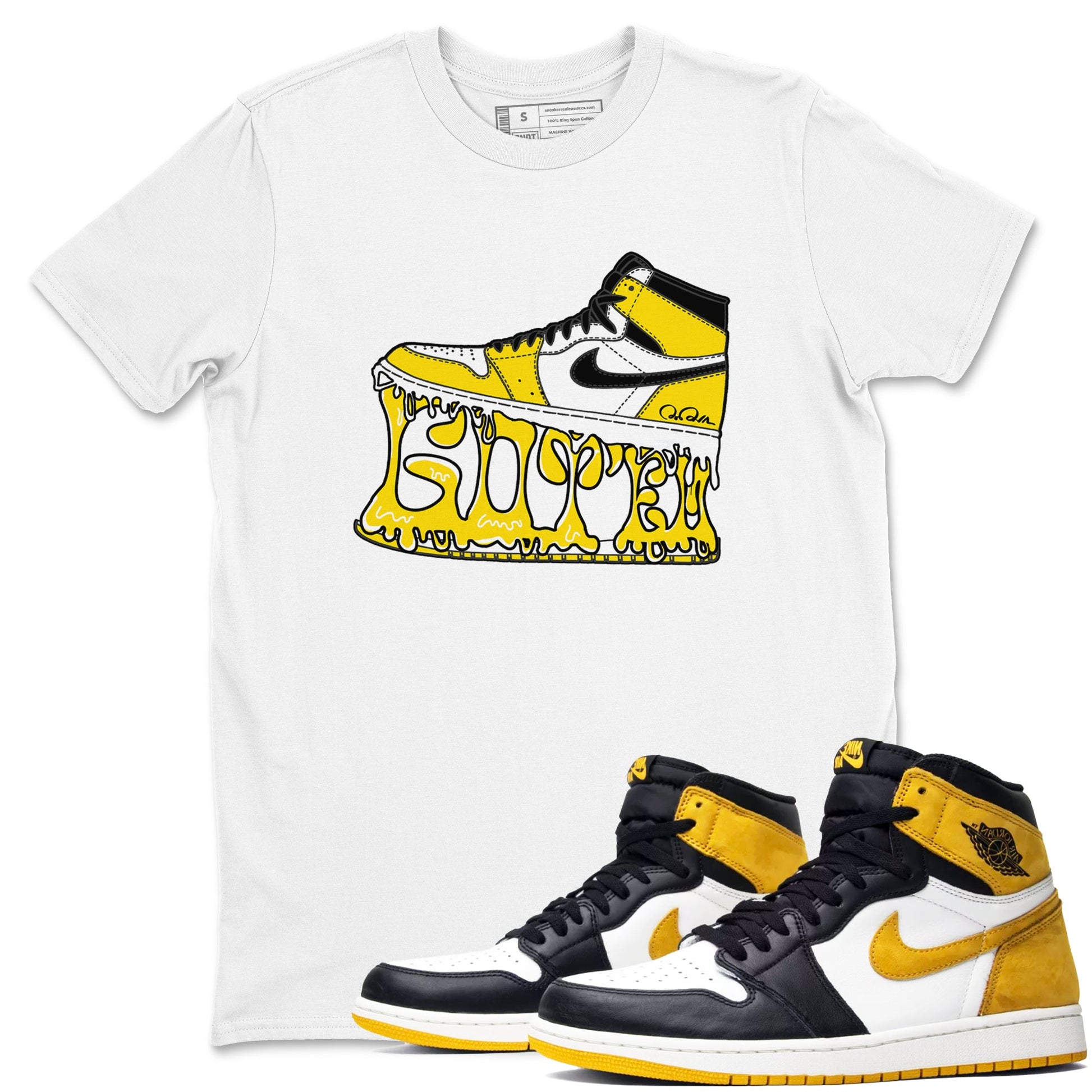 1s Yellow Ochre shirt to match jordans Shoe Stuck sneaker tees Air Jordan 1 Yellow Ochre SNRT Sneaker Release Tees unisex cotton White 1 crew neck shirt