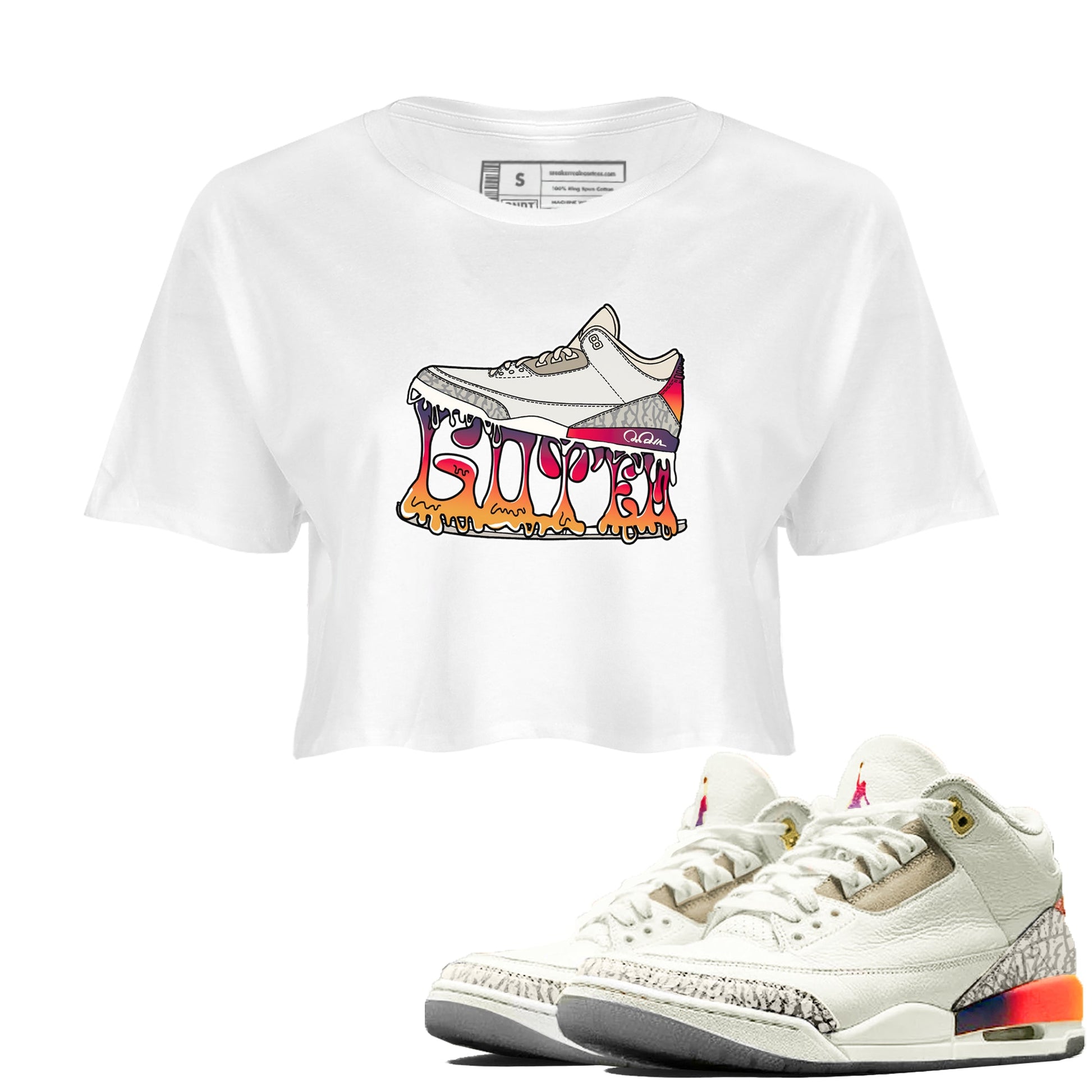 Air Jordan 3 J Balvin shirt to match jordans Shoe Stuck sneaker tees AJ3 J Balvin SNRT Sneaker Release Tees White 1 Crop T-Shirt