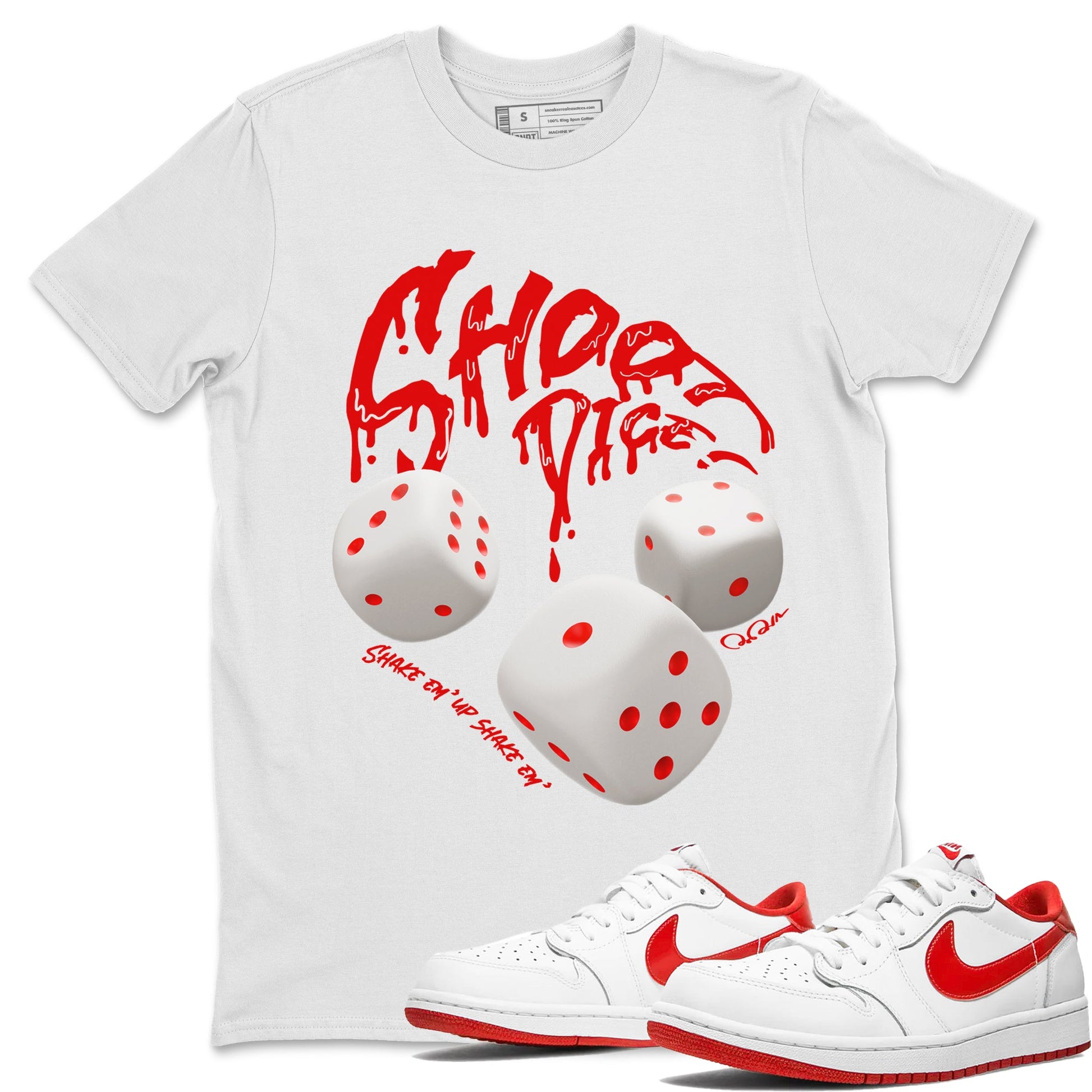 Jordan 1 Low University Red shirt to match jordans Shoot Dice sneakertees AJ1 Low University Red SNRT Sneaker Release Tees Unisex White 1 T-Shirt