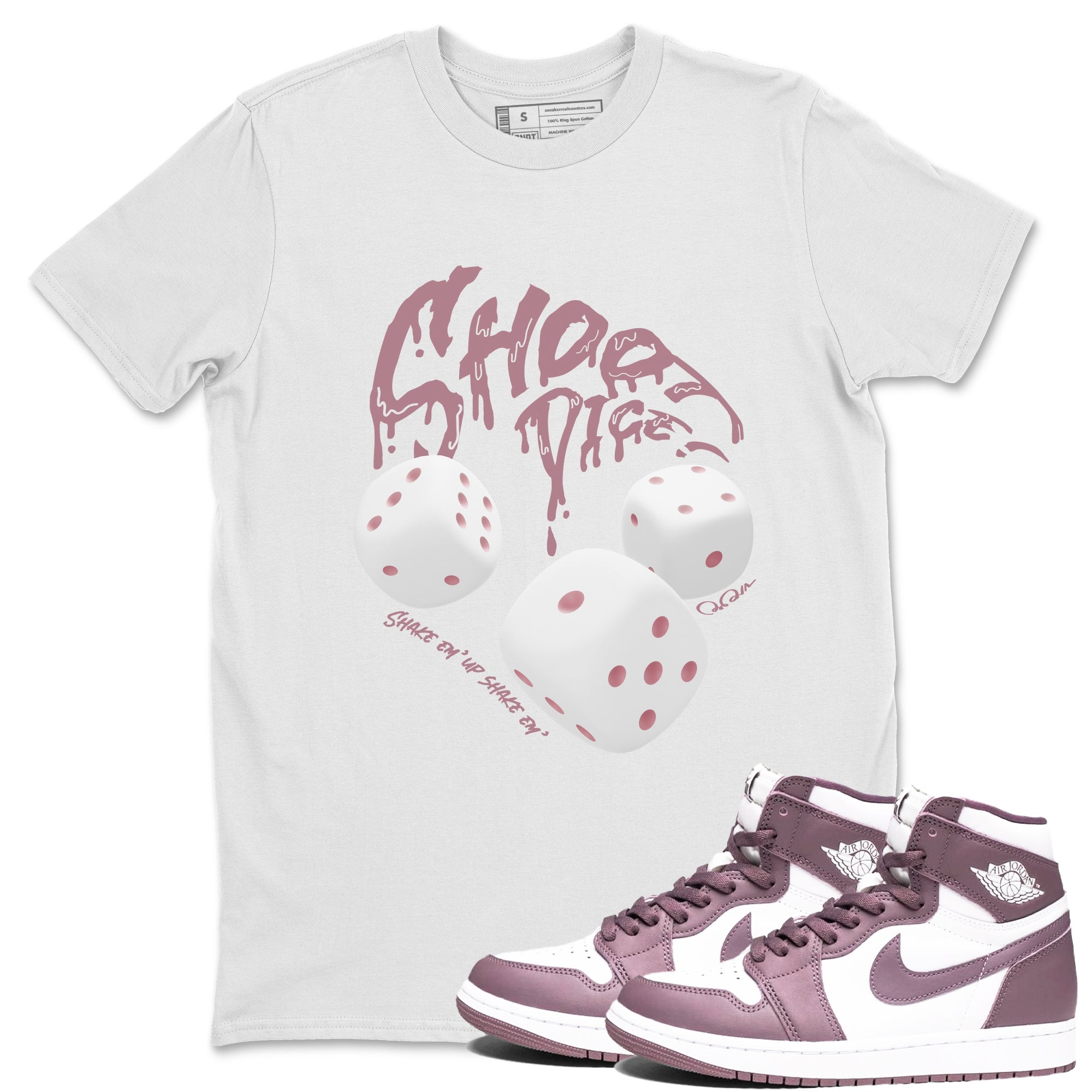 Air Jordan 1 Mauve shirt to match jordans Shoot Dice sneaker tees AJ1Mauve SNRT Sneaker Release Tees Unisex White 1 T-Shirt