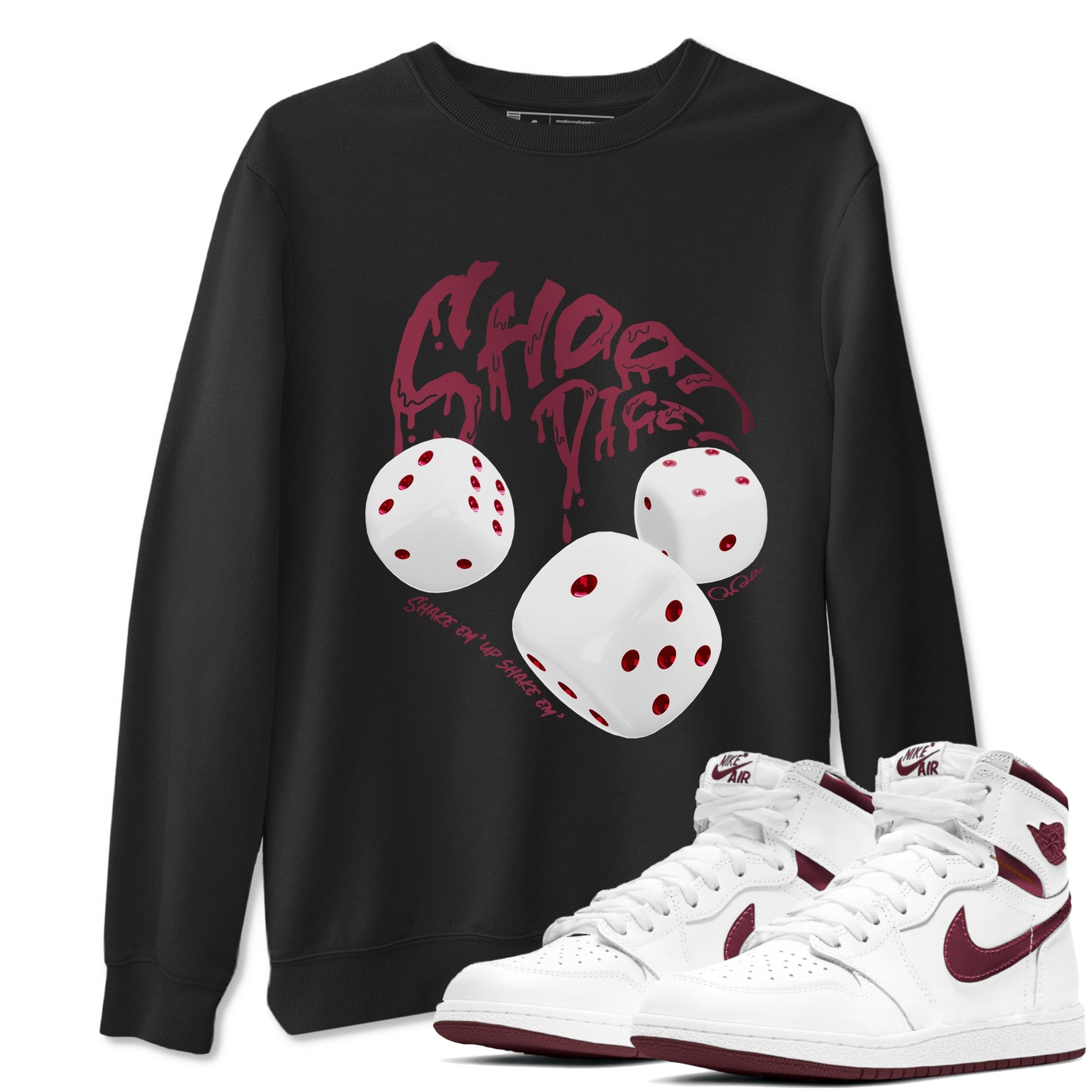 Air Jordan 1 Metallic Burgundy shirt to match jordans Shoot Dice sneaker tees AJ1 Metallic Burgundy SNRT Sneaker Release Tees unisex cotton Black 1 crew neck shirt