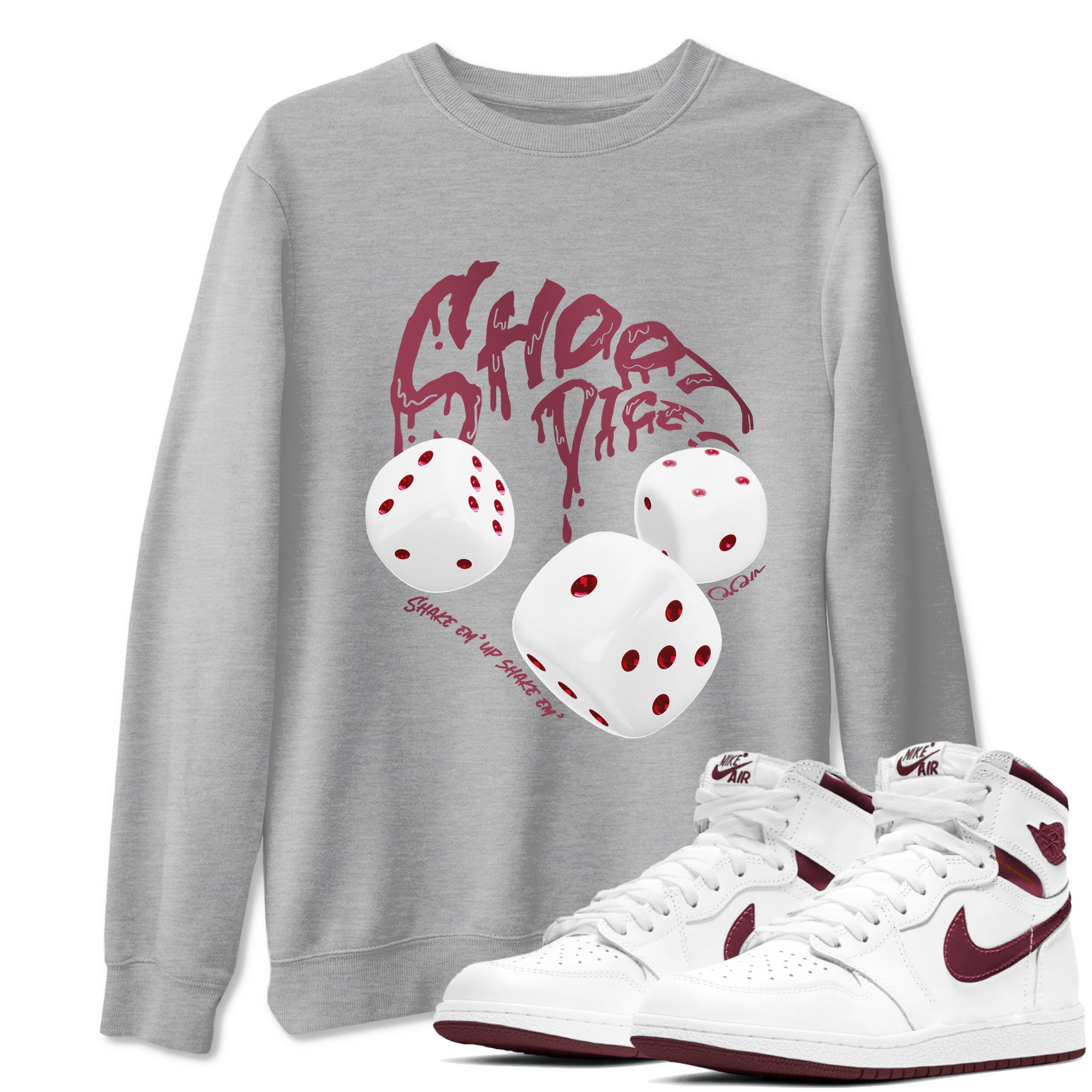 Air Jordan 1 Metallic Burgundy shirt to match jordans Shoot Dice sneaker tees AJ1 Metallic Burgundy SNRT Sneaker Release Tees unisex cotton Heather Grey 1 crew neck shirt