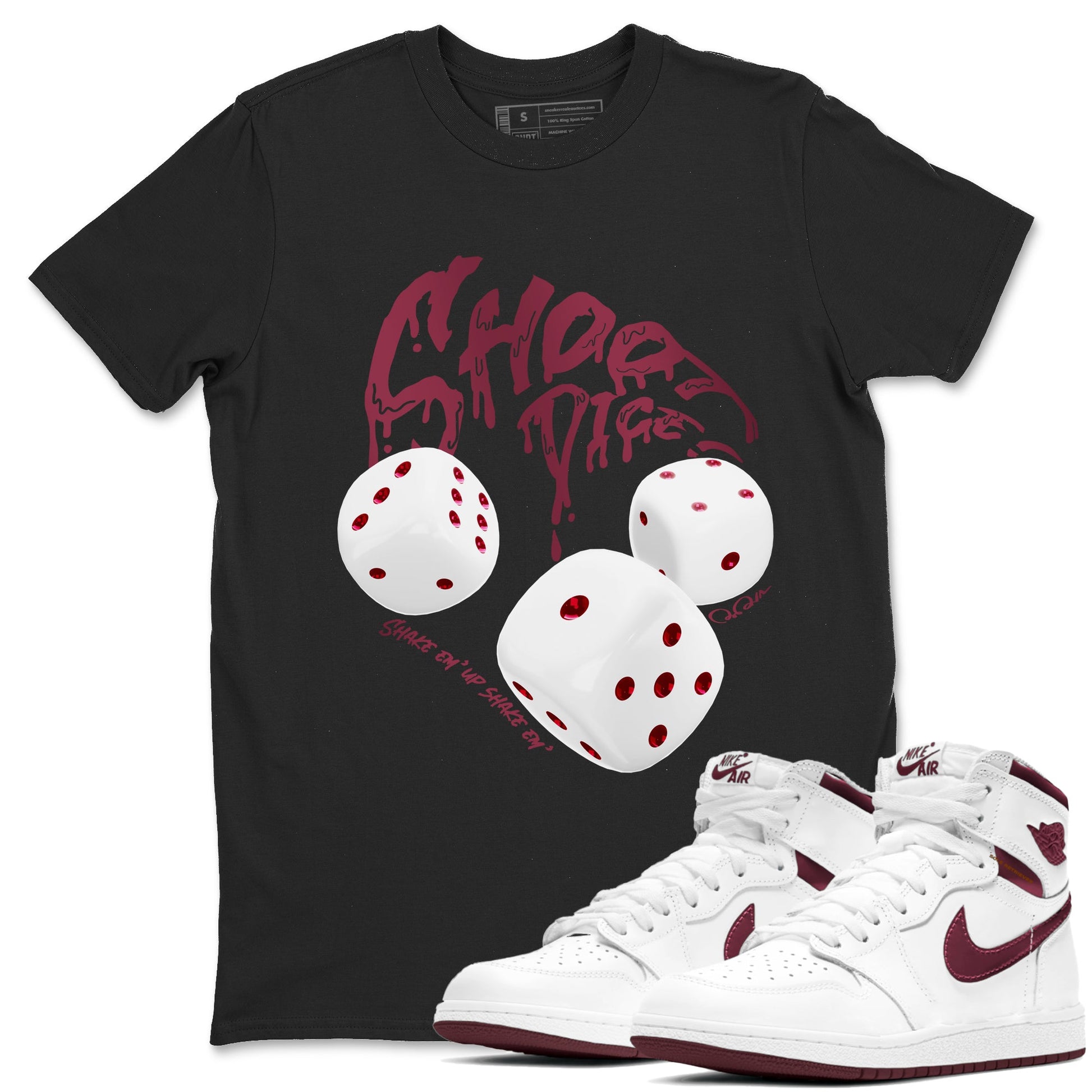 Air Jordan 1 Metallic Burgundy shirt to match jordans Shoot Dice sneaker tees AJ1 Metallic Burgundy SNRT Sneaker Release Tees unisex cotton Black 1 crew neck shirt