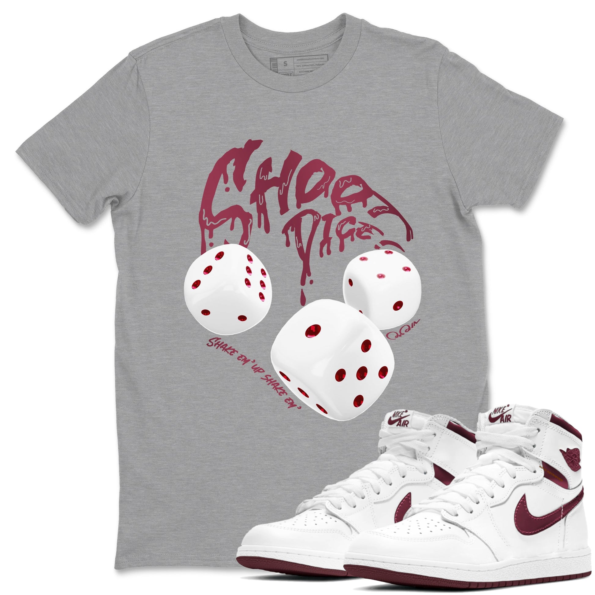 Air Jordan 1 Metallic Burgundy shirt to match jordans Shoot Dice sneaker tees AJ1 Metallic Burgundy SNRT Sneaker Release Tees unisex cotton Heather Grey 1 crew neck shirt