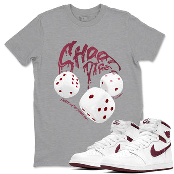 Air Jordan 1 Metallic Burgundy shirt to match jordans Shoot Dice sneaker tees AJ1 Metallic Burgundy SNRT Sneaker Release Tees unisex cotton Heather Grey 1 crew neck shirt