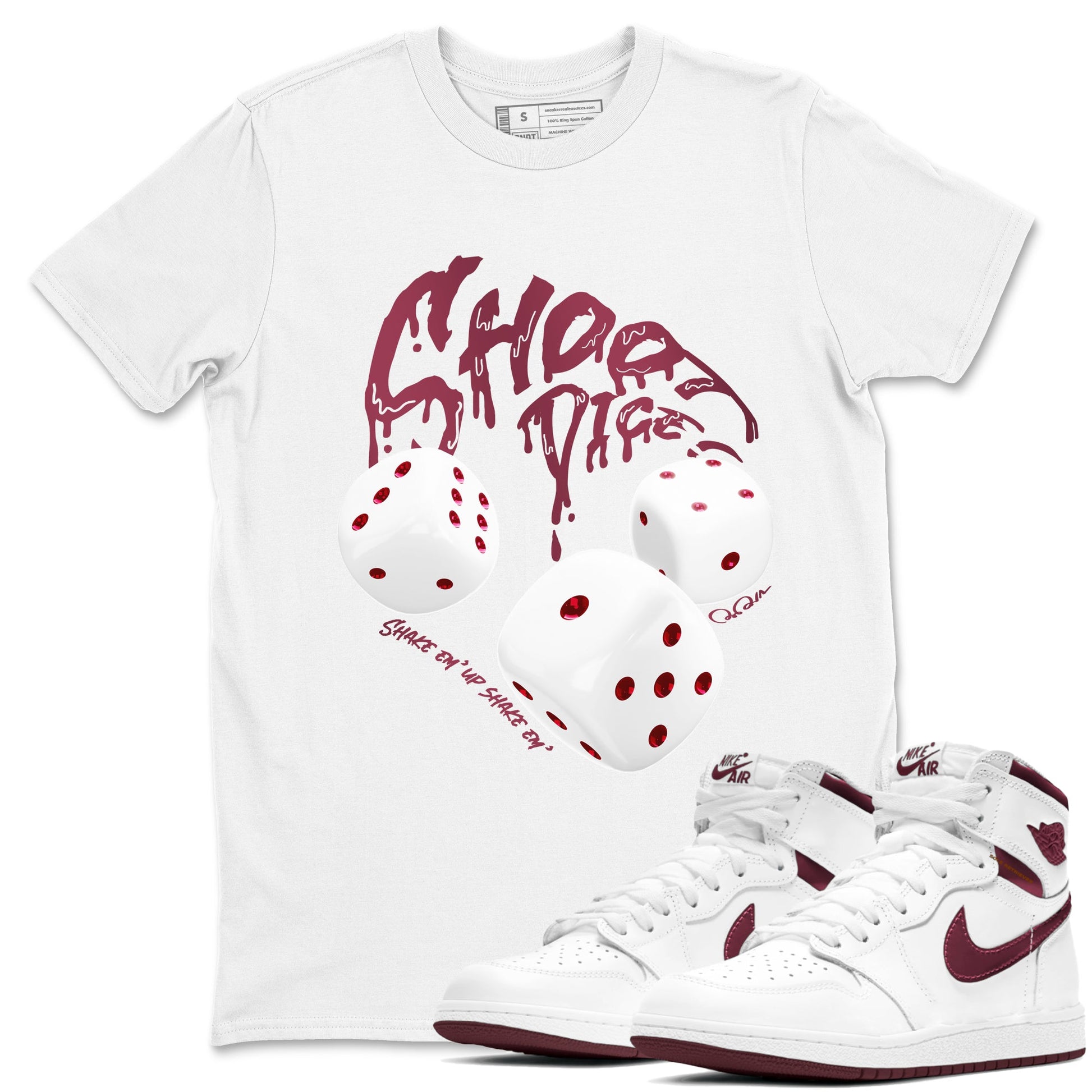 Air Jordan 1 Metallic Burgundy shirt to match jordans Shoot Dice sneaker tees AJ1 Metallic Burgundy SNRT Sneaker Release Tees unisex cotton White 1 crew neck shirt