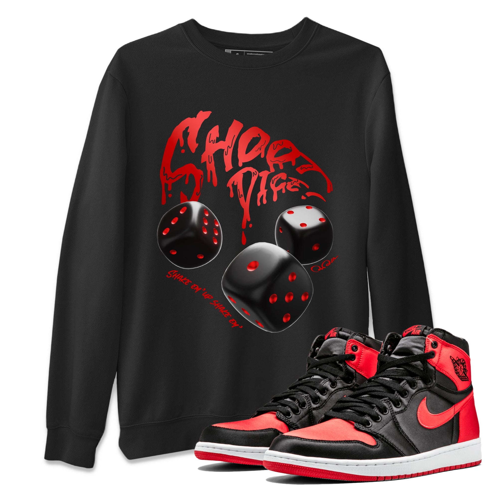 Air Jordan 1 Satin Bred Sneaker Match Tees Shoot Dice Sneaker Tees AJ1 Satin Bred Sneaker Release Tees Unisex Shirts Black 1